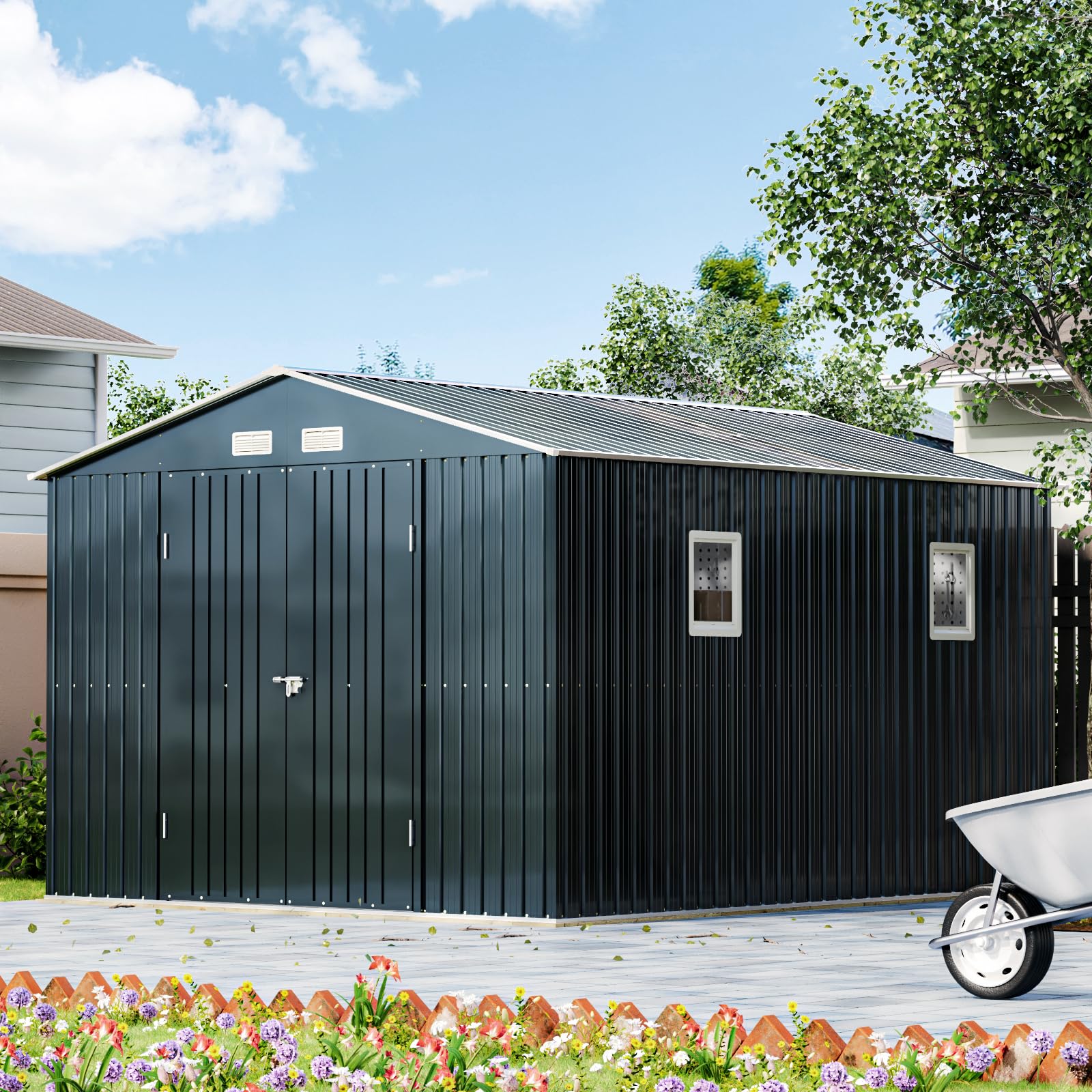 10x12x7.5 FT Heavy Duty Outdoor Steel Storage Shed - Lockable Double Doors, 2 Windows & Transparent Roof Panels - Durable Metal Frame Floor (Wood Panels Sold Separately) - Perfect for Backyard Storage, Patio Organization, Chicken Coop, Garden Tool Shed & Pool Equipment Shelter