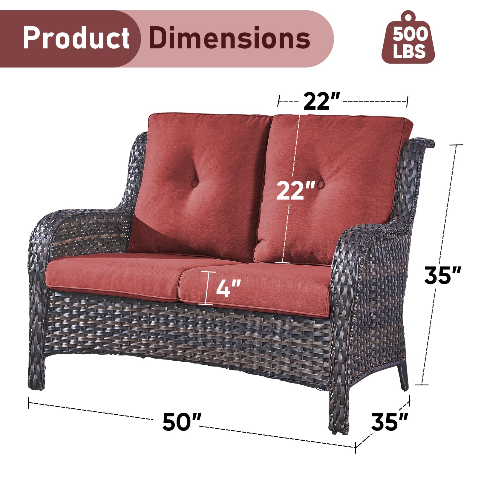 Outdoor Loveseat Sofa - 2 Seater Rattan Wicker Patio Couch with High Back, Weather-Resistant Brown/Red, Perfect for Porch, Deck, Backyard & Garden Relaxation