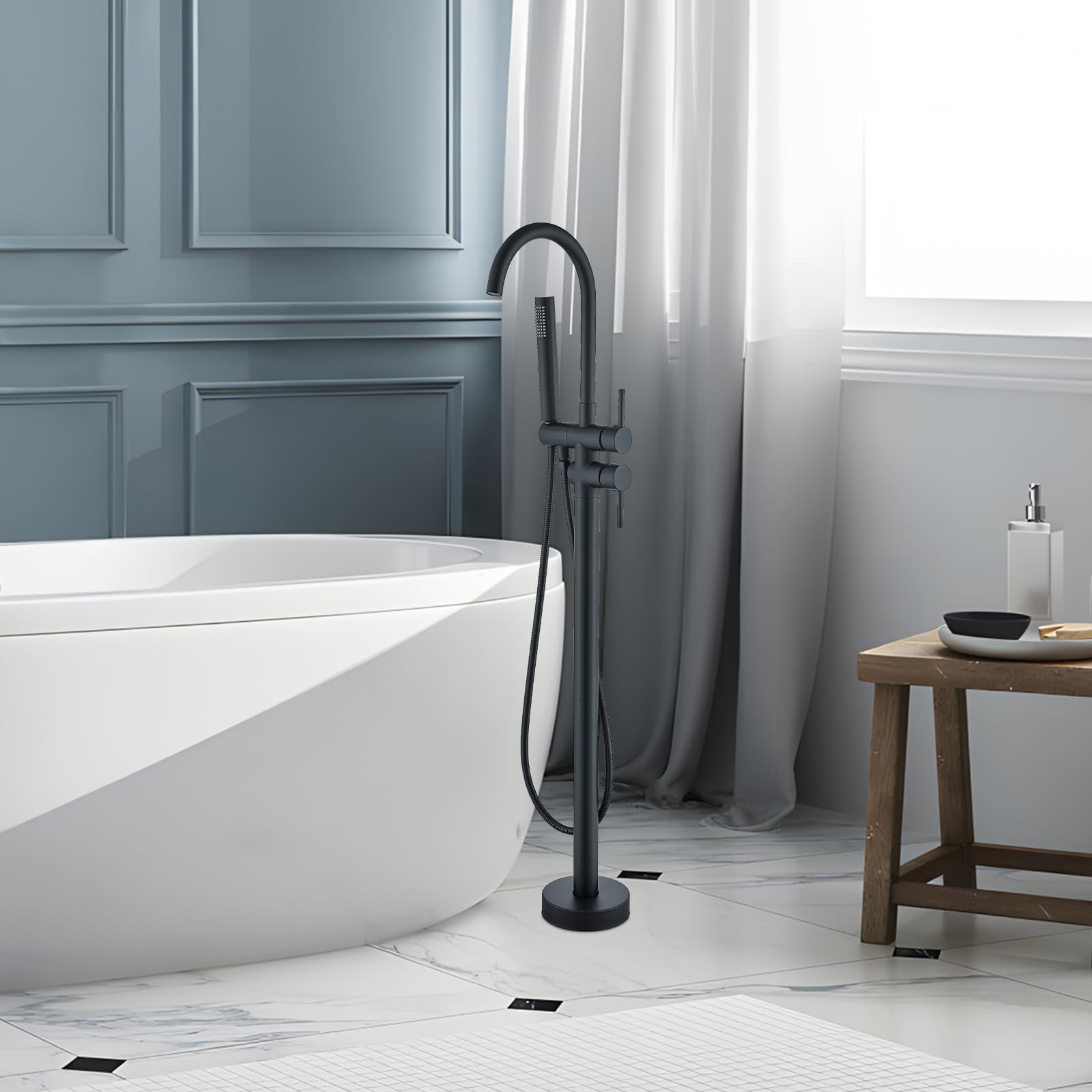 NeierThodore Matte Black Freestanding Bathtub Faucet - Floor Mount Tub Filler with 2 Handles & Hand Shower Sprayer - Modern Bathtub Shower Mixer Tap for Luxury Bathroom & Spa Experience