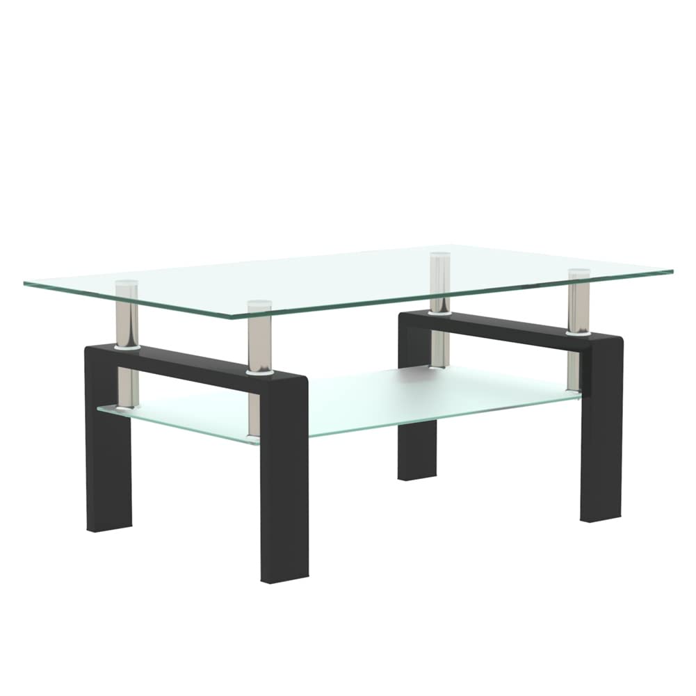 Modern Rectangle Black Glass Coffee Table with Lower Shelf - Stylish Living Room Furniture for Small Spaces, Home Decor, and Conversation Areas | Perfect for Relaxing, Entertaining Guests, and Leisure Time