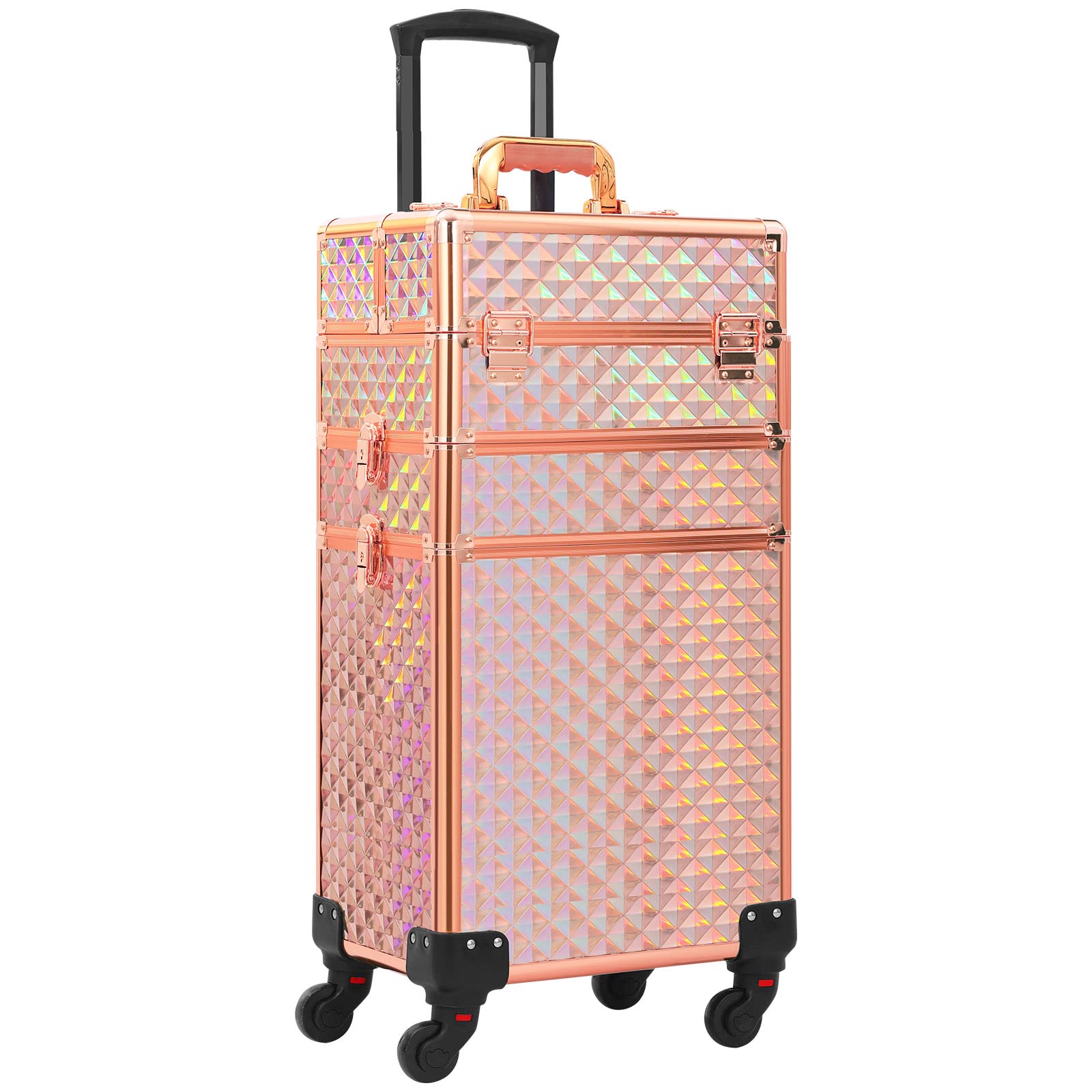 Professional 3-in-1 Rolling Makeup Train Case with Large Storage - Rose Gold & Pink Cosmetic Organizer Trolley for Salon, Barber, Travel & On-the-Go Beauty Professionals