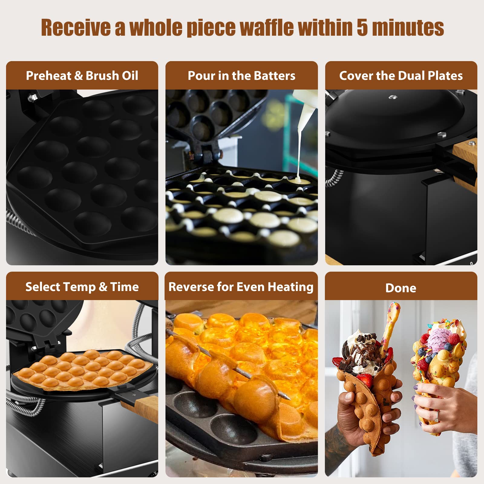 Commercial Double Bubble Waffle Maker - Non-Stick Hong Kong Egg Waffle Iron with 180° Rotation, Stainless Steel Pancake Machine for Home & Restaurant Use - Perfect for Breakfast, Desserts, and Street Food Snacks