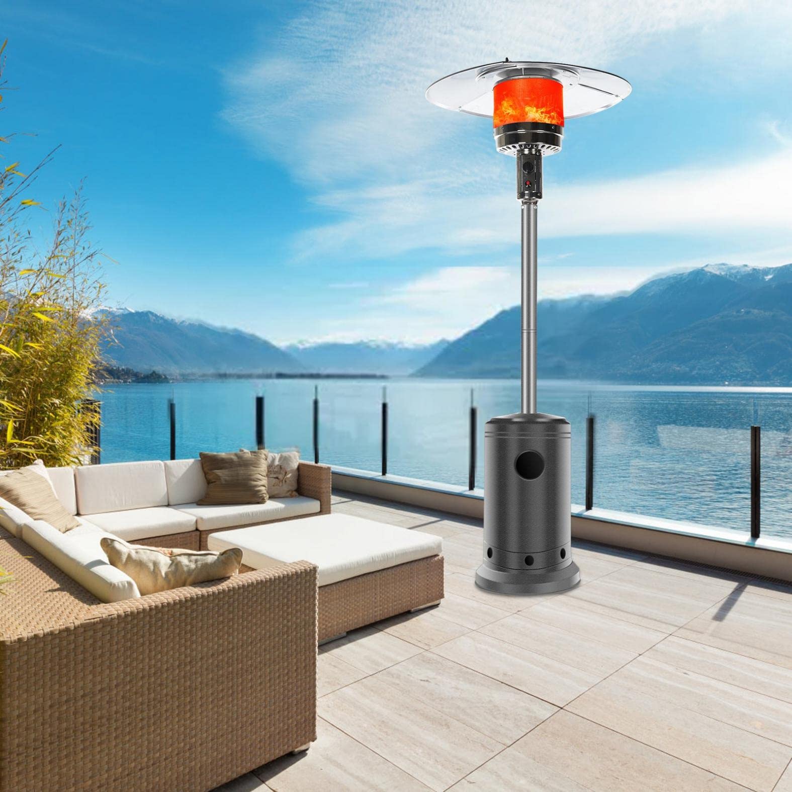 Sanamity 46,000 BTU Pyramid Patio Heater - Outdoor Propane Gas Heater for Patio, Garage, Deck & Backyard - Stainless Steel Space Heater with Heat Umbrella for Camping, Restaurants & Winter Gatherings
