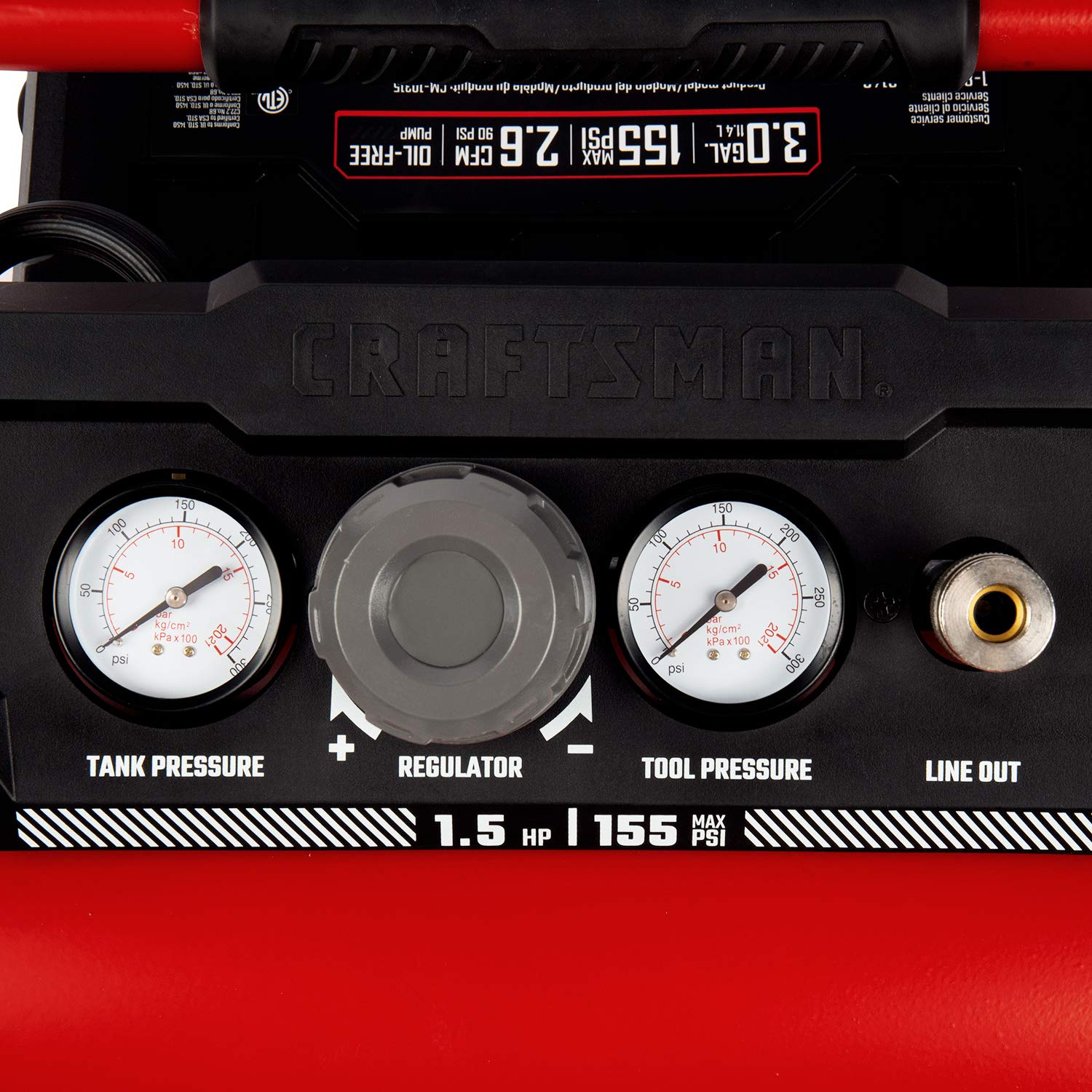 Craftsman 3 Gallon 1.5 HP Oil-Free Portable Air Compressor - 155 PSI Max Pressure, Red (CMXECXA0200341) - Ideal for Home DIY Projects, Tire Inflation, and Powering Air Tools