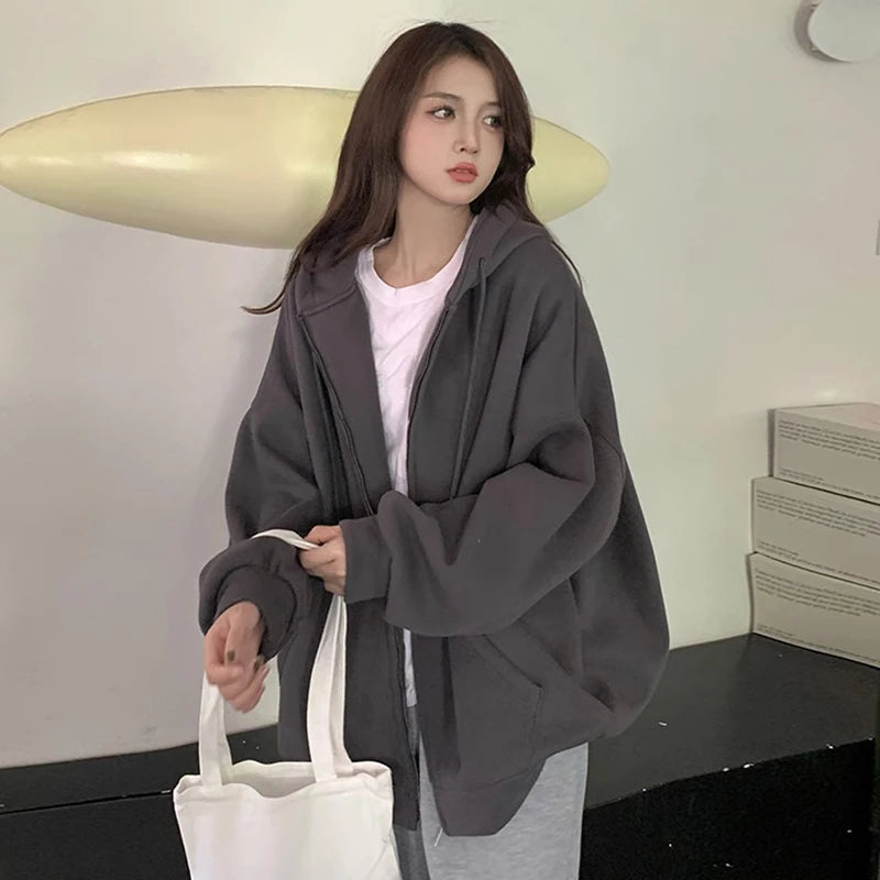 Black Vintage American Women's Hoodie - Drawstring Hooded Pullover, Loose Fit Casual Zip-Up Sweatshirt in Pure White | Perfect for Fall Fashion, Streetwear & Everyday Comfort
