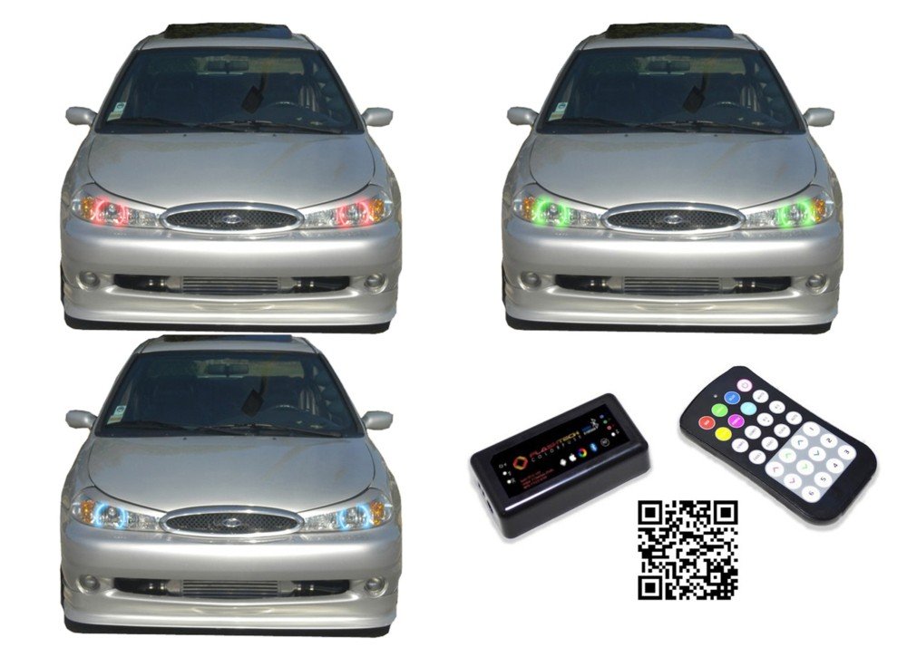 Flashtech LED RGB Multi-Color Halo Ring Headlight Kit with ColorFuse Bright Bluetooth RF Remote & App Control - Compatible with Ford Contour 1998-2000 | Upgrade Car Lighting for Night Driving & Custom Styling