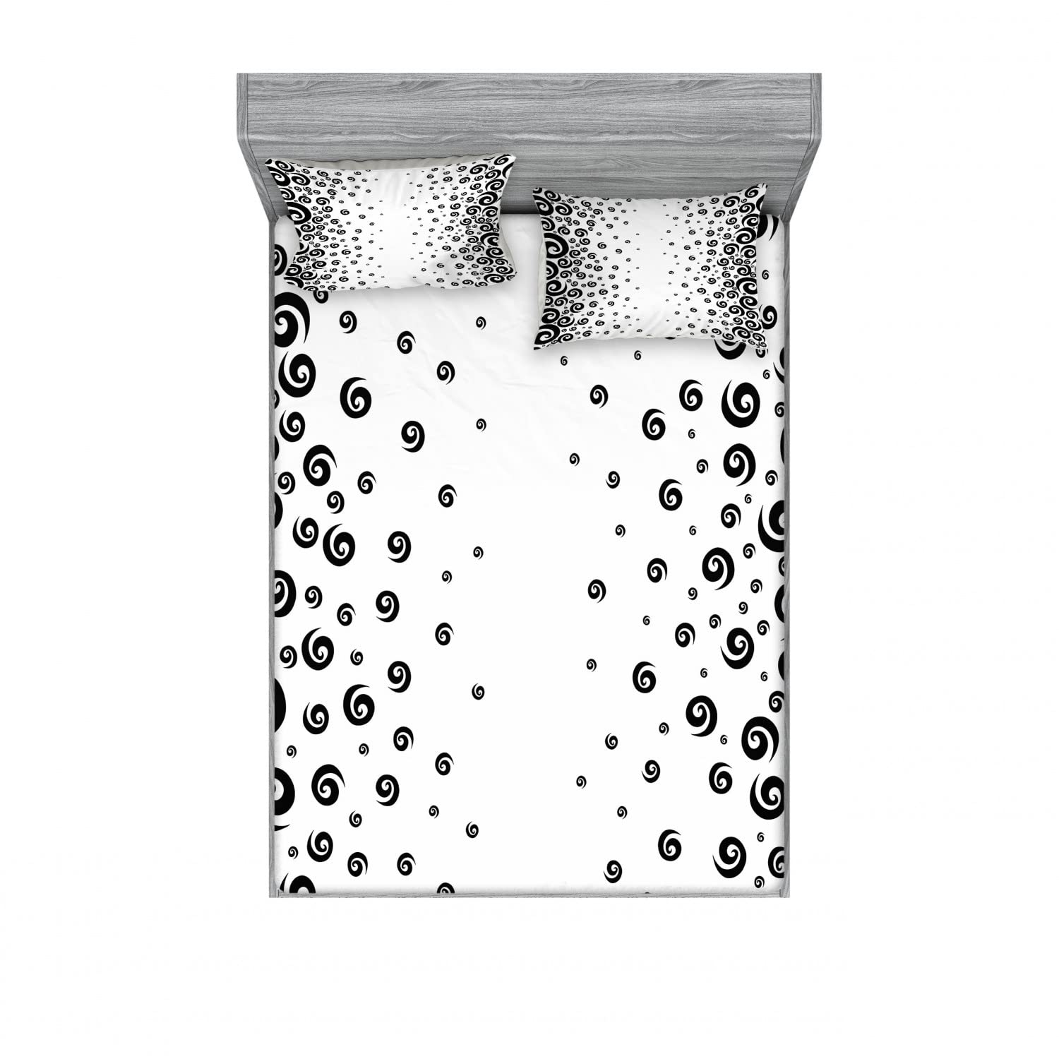 Ambesonne Black and White 2-Piece Full Size Fitted Sheet Set with 4 Pillow Shams - Monochrome Curly Spiral Pattern Bedding Decor for Modern Bedroom - Soft & Wrinkle-Resistant Sheets for Guest Room, Dorm, or Master Suite