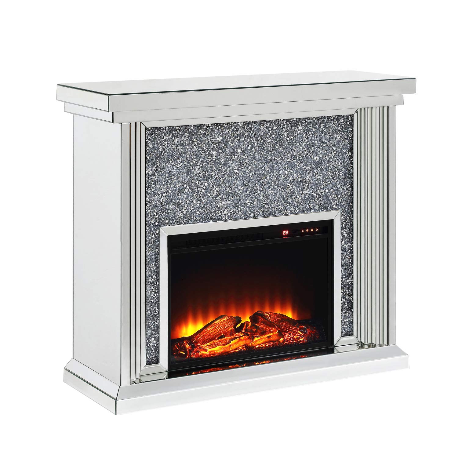 Benjara Wood & Mirror Electric Fireplace with Faux Crystals - Cozy Home Decor