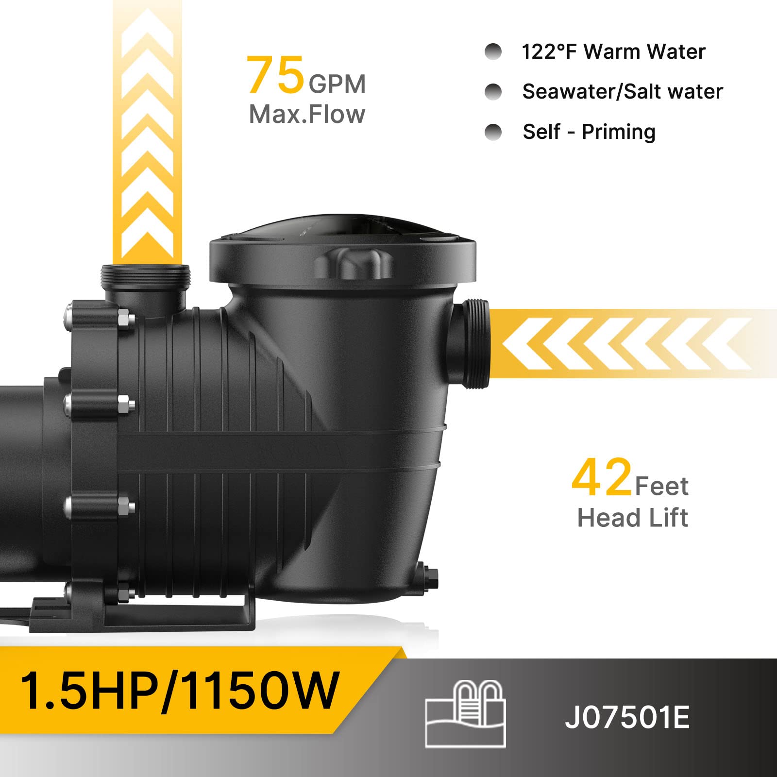 1.5 HP High-Efficiency Pool Pump - Dual Voltage 115V/230V | 4500GPH Max Flow & 42FT Head Lift | Energy Star Certified | 1.25/1.5/2 Inch Fittings | For Above Ground & Inground Pools | Perfect for Backyard Swimming Pools & Spa Maintenance | Model J07501E
