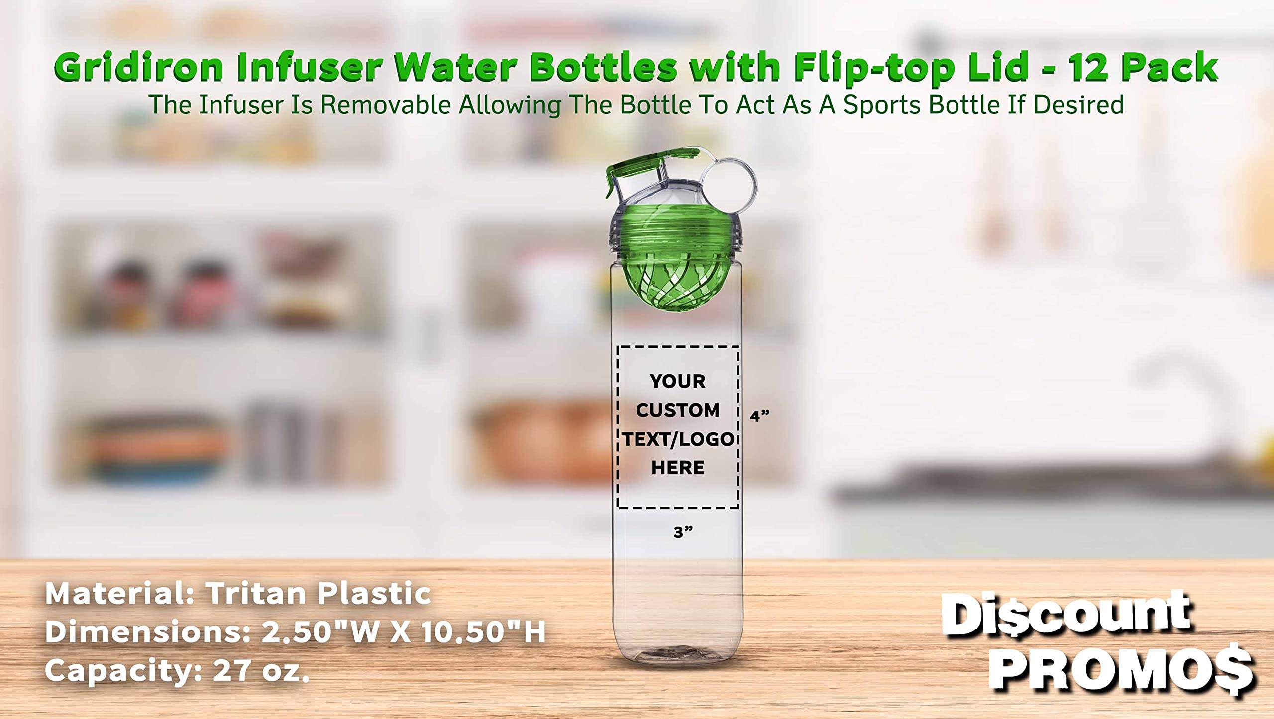 12 Pack Gridiron Infuser Water Bottles 27oz - Custom Text & Logo - Screw On Flip-Top Lid, Leak Proof, BPA Free - Lime Green - Perfect for Sports, Gym, Office & Outdoor Activities