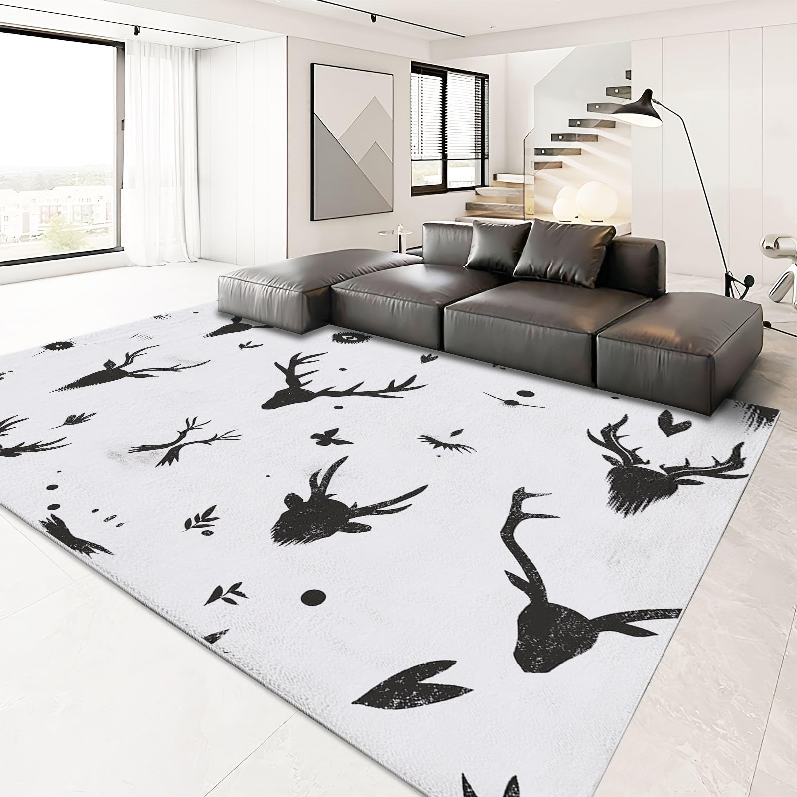Viking Themed Animal Antlers Print Non-Slip Area Rug - Soft Low Pile Machine Washable Indoor Carpet for Living Room & Bedroom - 5x8 Feet Home Decor - Perfect for Nordic Style Home & Cabin Decor