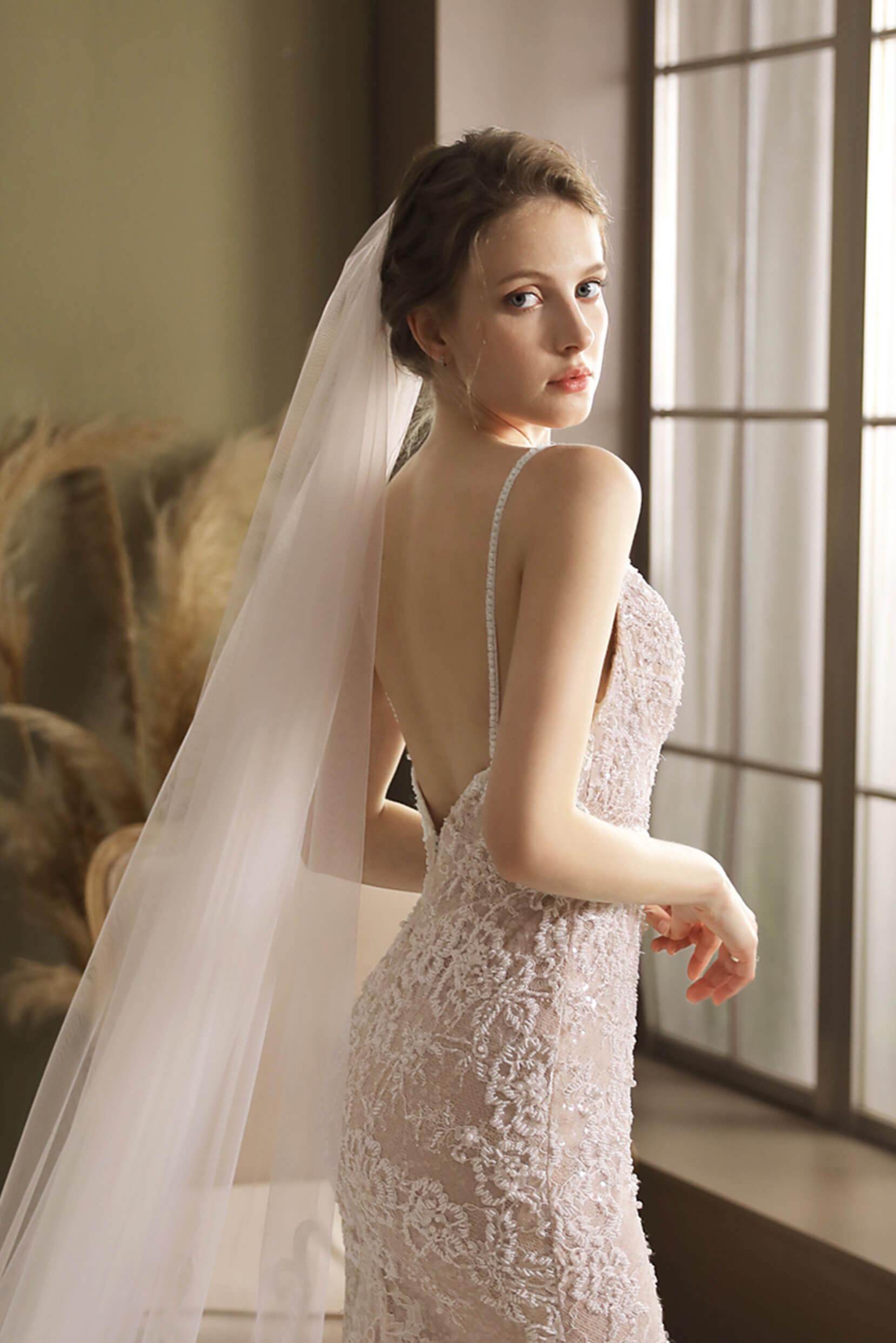 Elegant One-Tier Lace Edge Tulle Cathedral Wedding Veil with Appliques (CV0269) - Perfect for Bridal Gowns, Formal Weddings & Romantic Photo Shoots