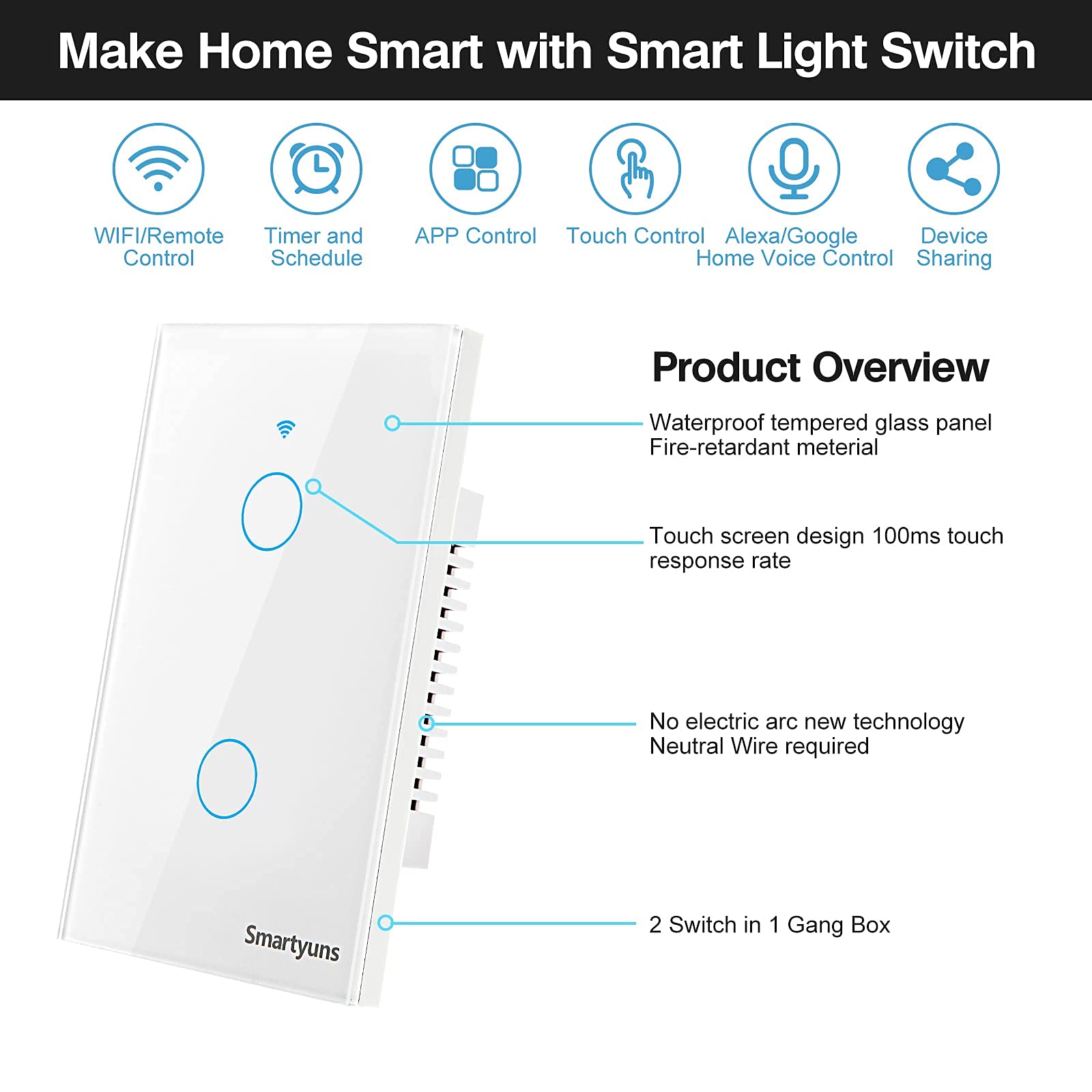 WiFi Smart Wall Light Switch - White, Tempered Glass Panel Touch Switch, 2 Gang for 1 Gang Box, Timer Function, Wireless Lighting Control for Home Automation & Smart House (Works with Alexa & Google Home)