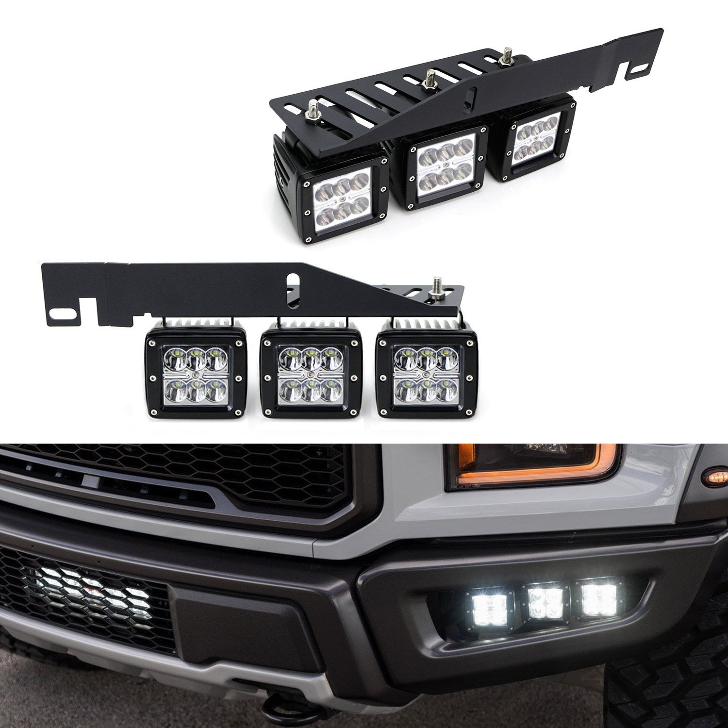144W Triple LED Fog Light Kit with Lower Bumper Bracket & Wiring Harness for 2017+ Ford Raptor - Off-Road Adventure, Night Driving & Extreme Weather Visibility Upgrade