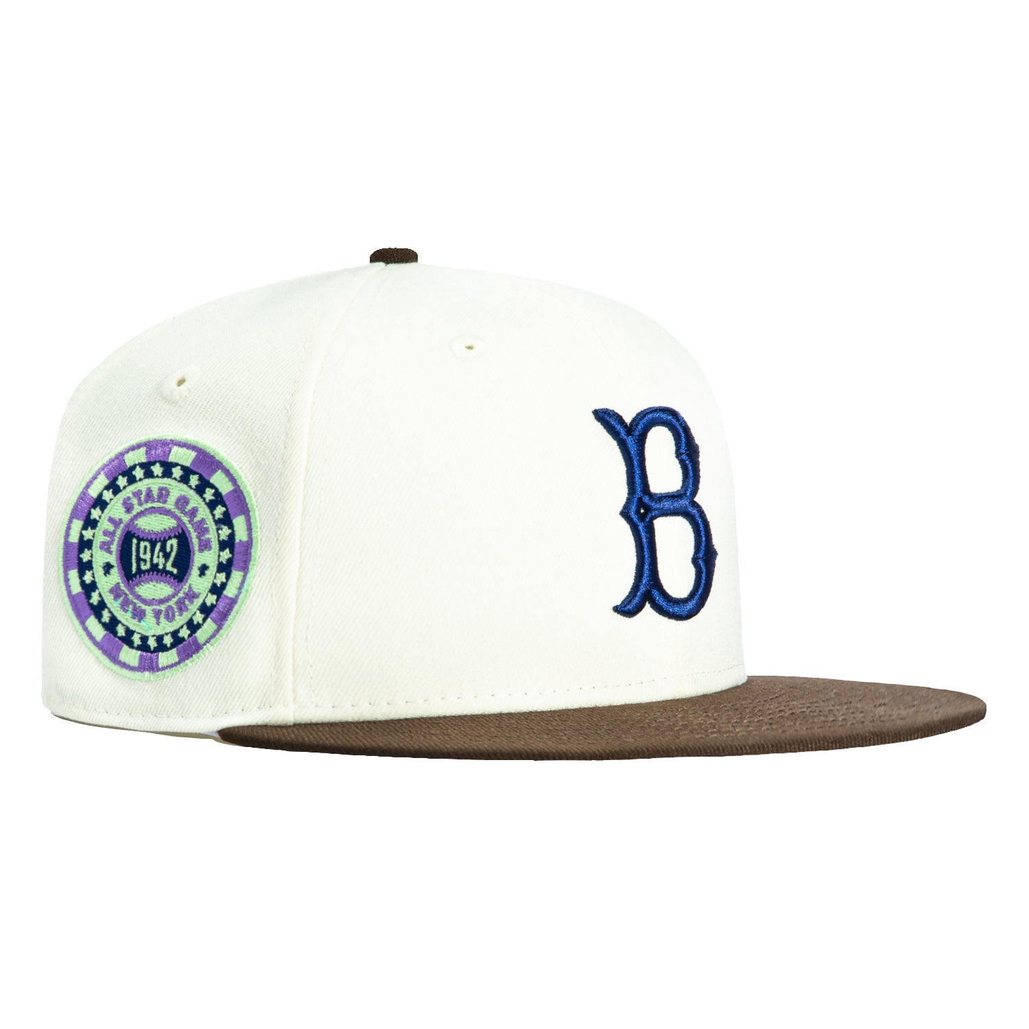 New Era 59Fifty Brooklyn Dodgers 1942 All Star Game Patch Snapback Hat - White & Brown Vintage Baseball Cap for Men - Perfect for Baseball Games, Sports Events & Streetwear Fashion