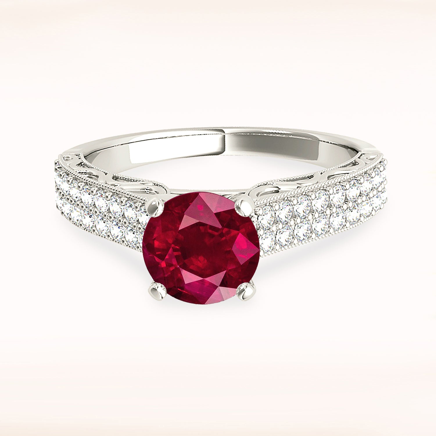 1.35 Carat Genuine Solitaire Ruby Ring with Double Row Diamond Band - Elegant Engagement, Anniversary Gift for Her - Perfect for Weddings, Date Nights & Special Occasions