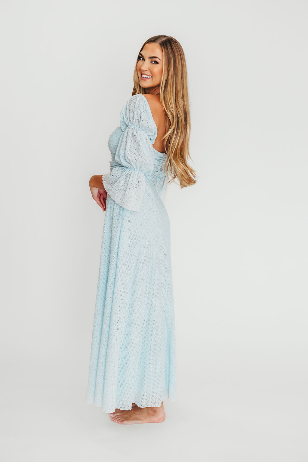 Corrine Tiered Sleeve Maxi Dress with Pockets - Baby Blue Maternity Dress | Bump Friendly & Comfortable for Pregnancy, Nursing, Baby Showers and Special Occasions