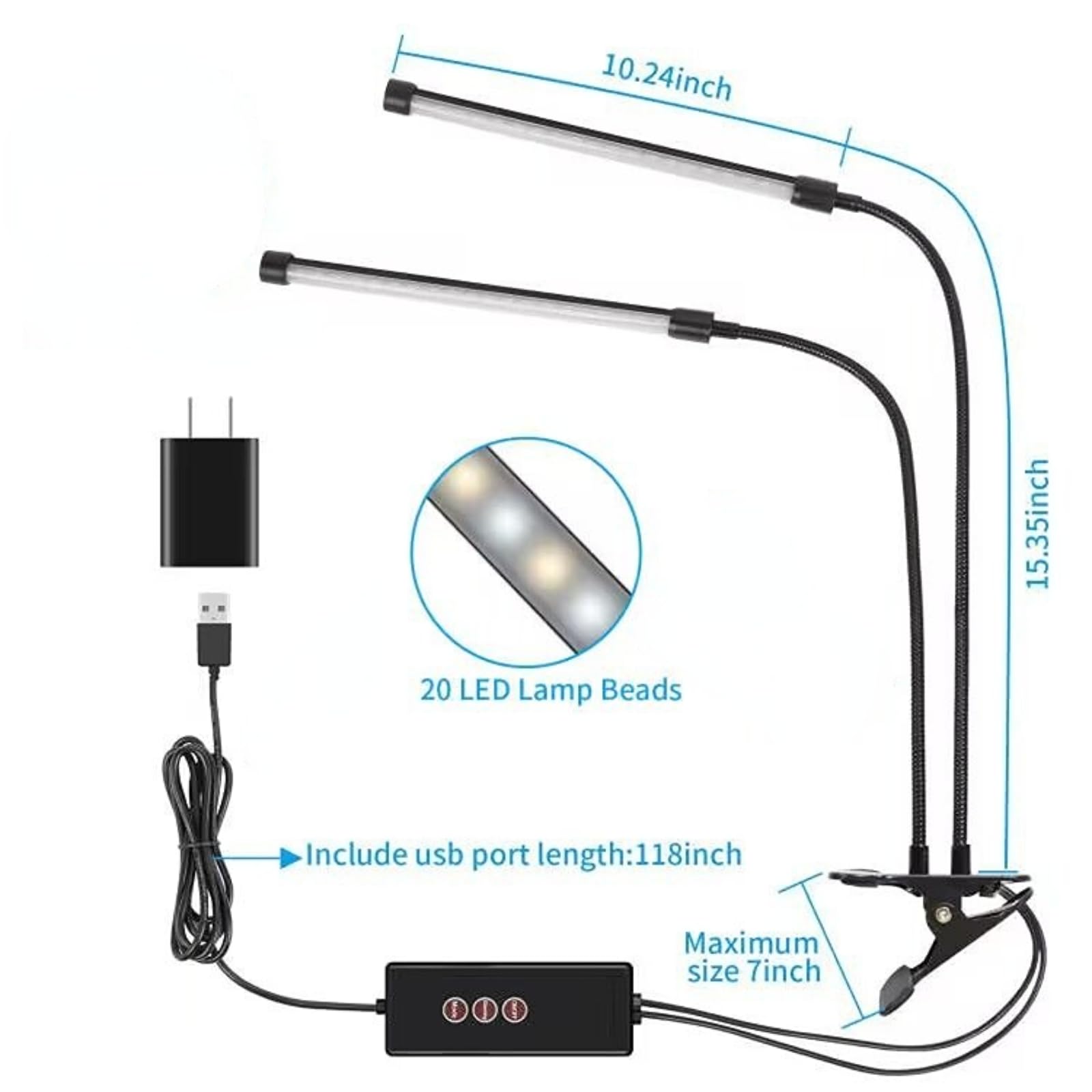 **Dual Head Eye-Care Desk Lamp with Clamp - 3 Color Modes & 5-Level Dimmer, 360° Adjustable Clip-On Light for Reading, Working, Bedroom & Music Stand - Perfect for Study, Office & Nightstand Use**