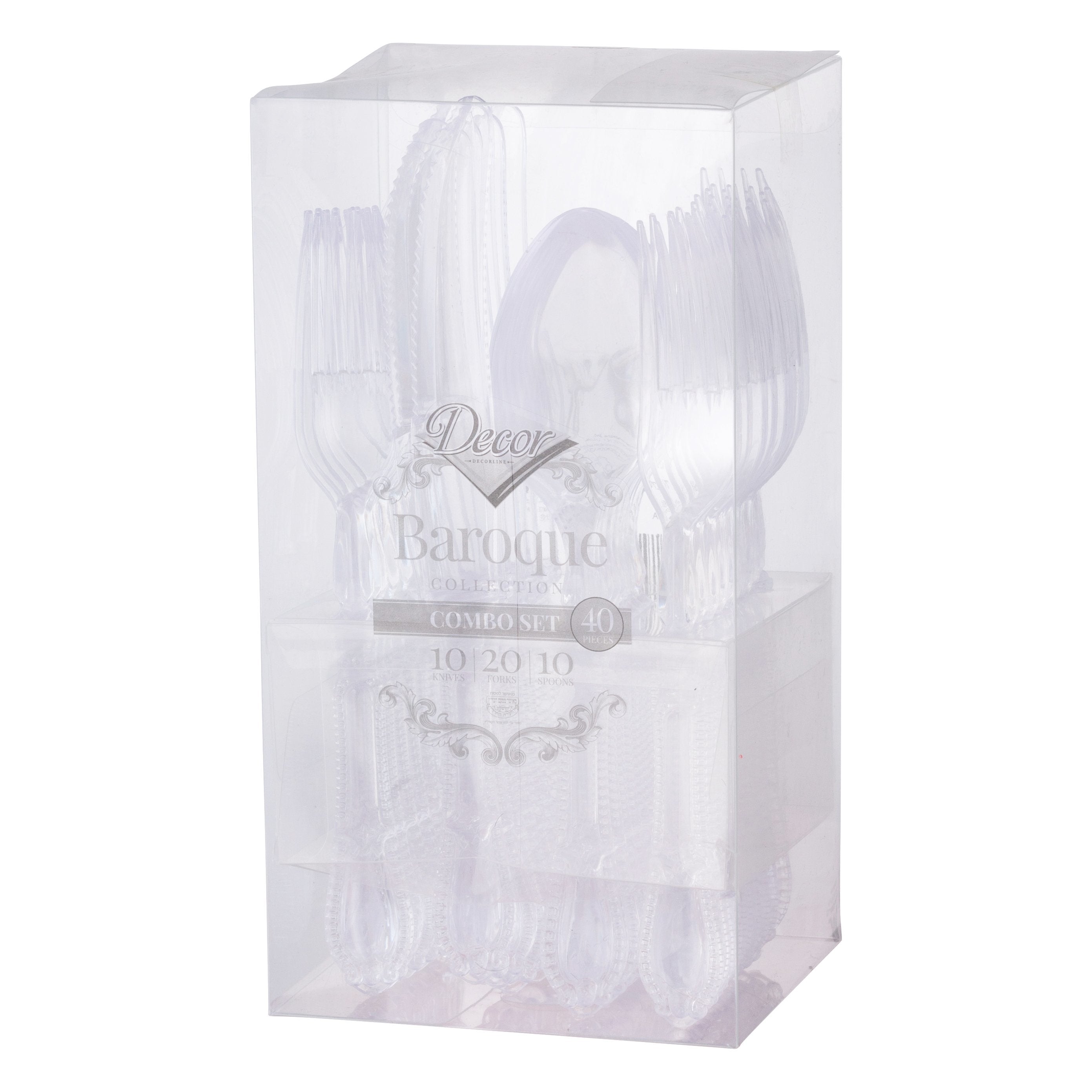40-Piece Heavyweight Disposable Plastic Silverware Set - Clear Elegant Baroque Style (10 Place Settings) | Perfect for Weddings, Parties, Catering & Outdoor Events