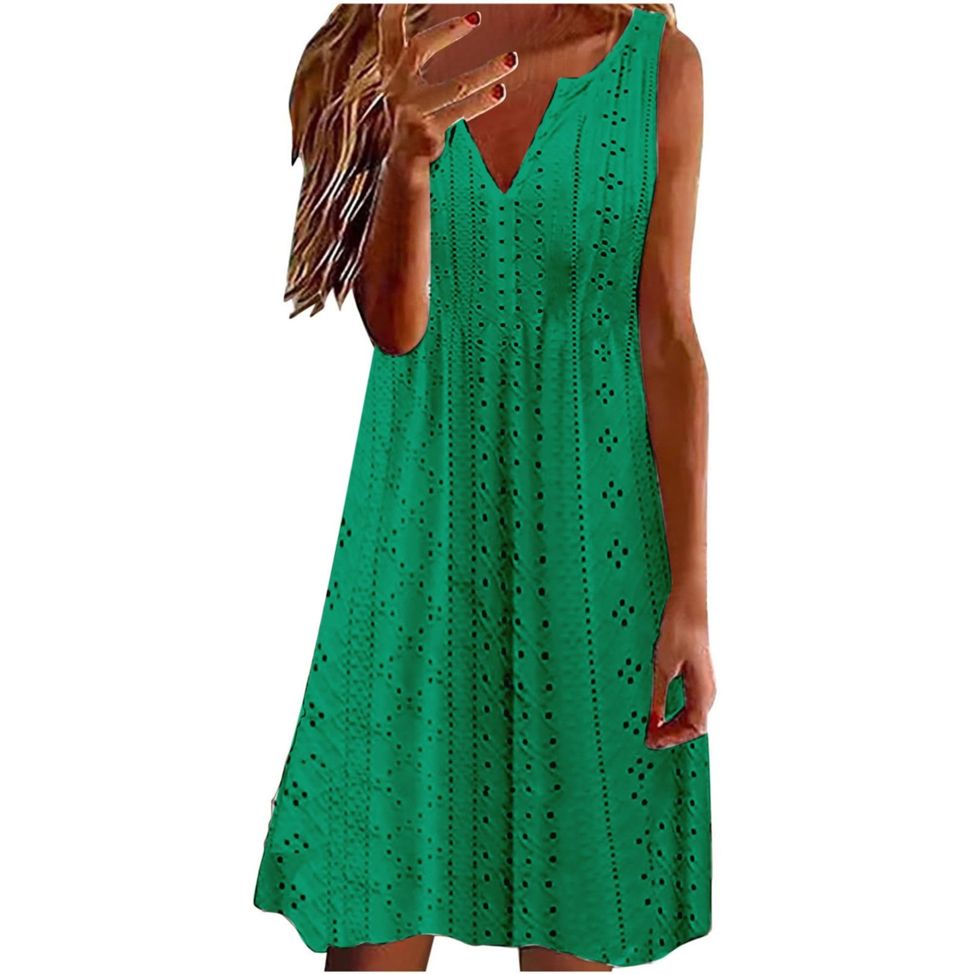 Trendy 2024 Women's Summer Mini Dresses - Sleeveless V-Neck Embroidery Eyelet Loose Tank Sundress for Beach Vacation & Casual Outings | Perfect for Pool Parties, Date Nights and Summer Getaways