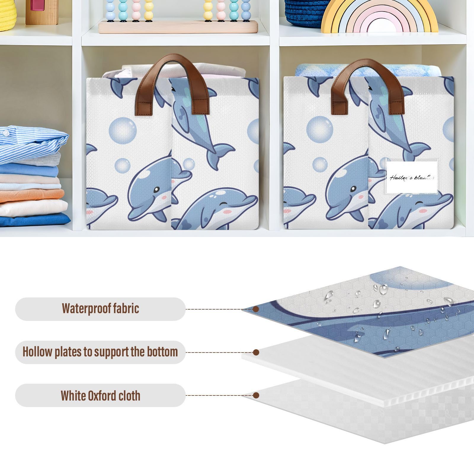Dolphin Blue Foldable Storage Baskets - 2 Pack Rectangular Canvas Fabric Storage Bins with Handles for Shelves | Sea Animal Themed Decorative Organizer for Bedroom, Bathroom & Kids Room