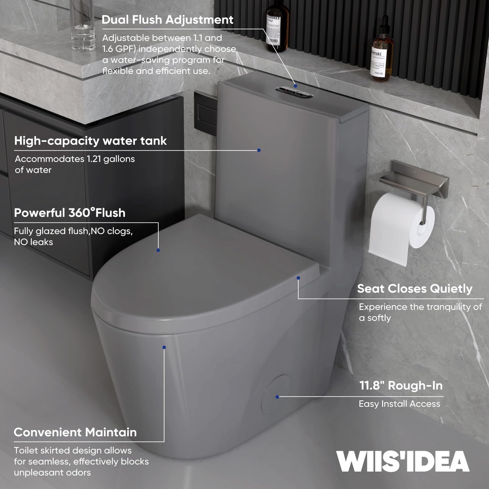 BOSTANA One Piece Dual Flush Toilet - 1.1/1.6 GPF, 15.5