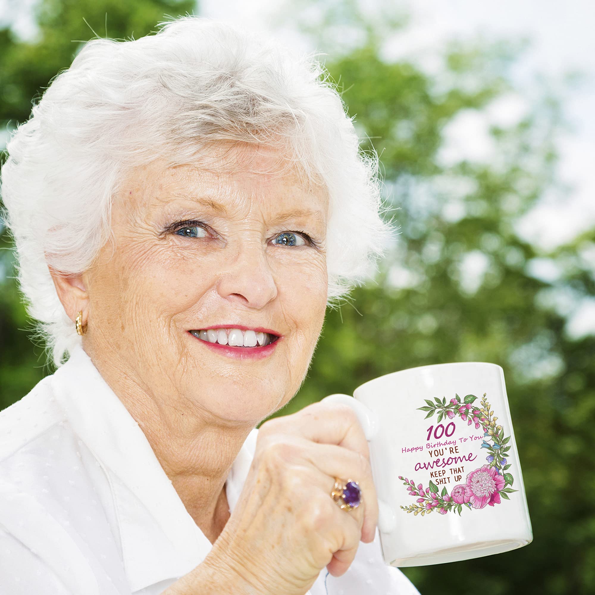 100th Birthday Gifts for Women - Funny 11 oz Coffee Mug with 'Happy 100th Birthday! You're Awesome Keep That Up' Message - Perfect Gift for Mom, Grandma, Sister, Wife, Friend, Aunt or Coworker - Great for Coffee, Tea or Hot Chocolate at Home, Office or Birthday Celebrations