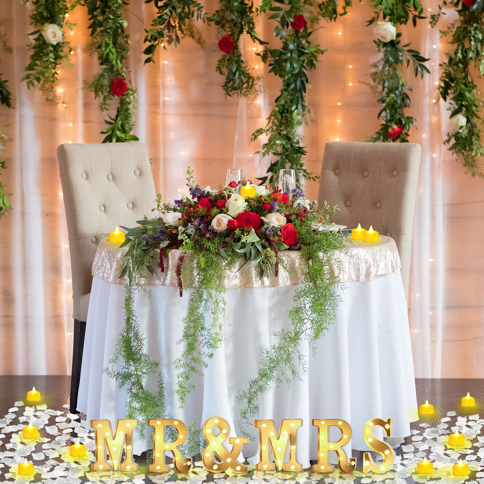 6 Pcs Mr and Mrs LED Sign with 12 Flameless LED Candles & 300 Artificial Rose Petals - Gold Wedding Table Decor for Romantic Nights, Anniversaries, and Valentine's Day Celebrations