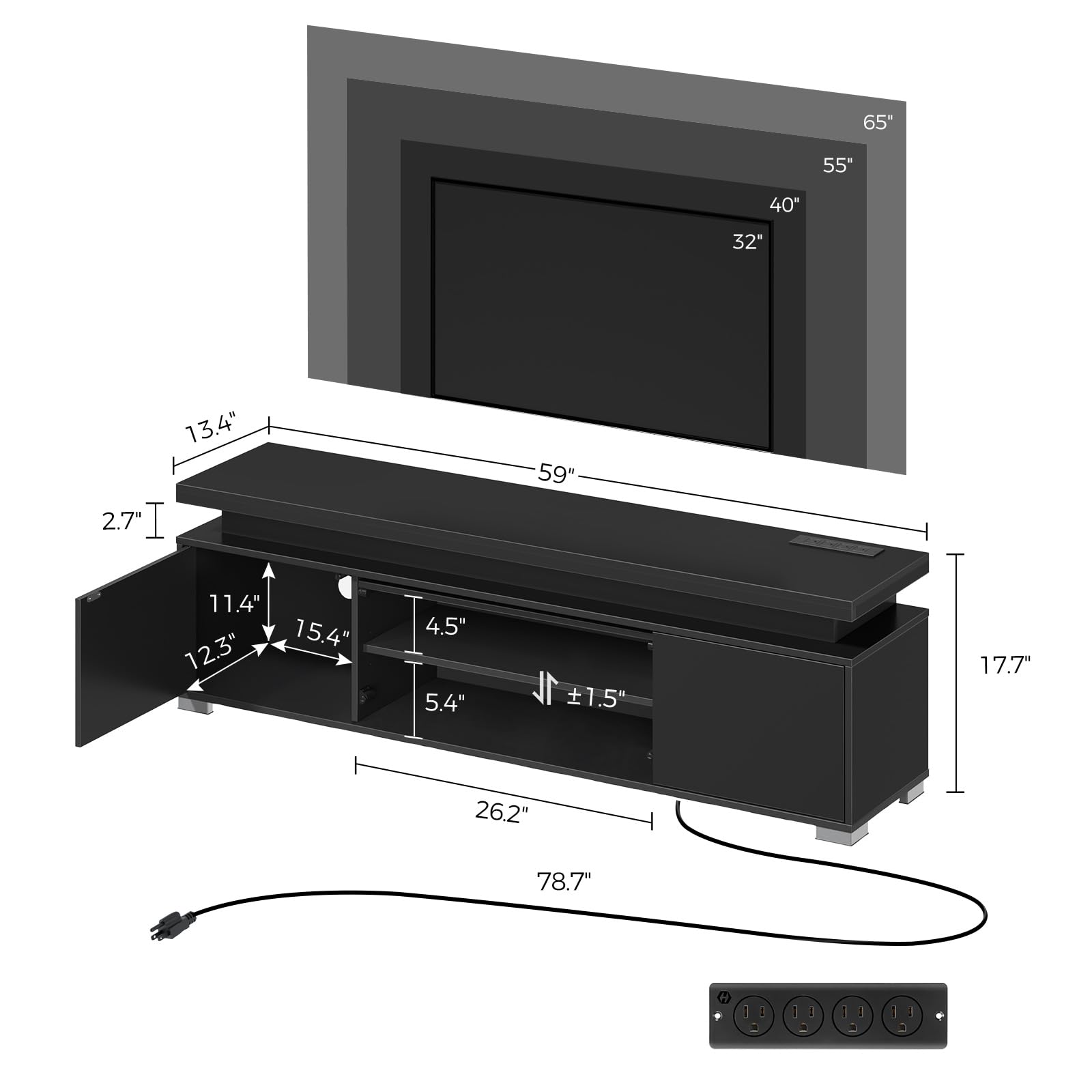 Rolanstar Modern TV Stand with Power Outlet & LED Lights - Universal Entertainment Center for 32-65 Inch TVs, Gaming TV Media Console with Large Storage Cabinet (Black) - Perfect for Living Room, Bedroom & Home Theater Setup