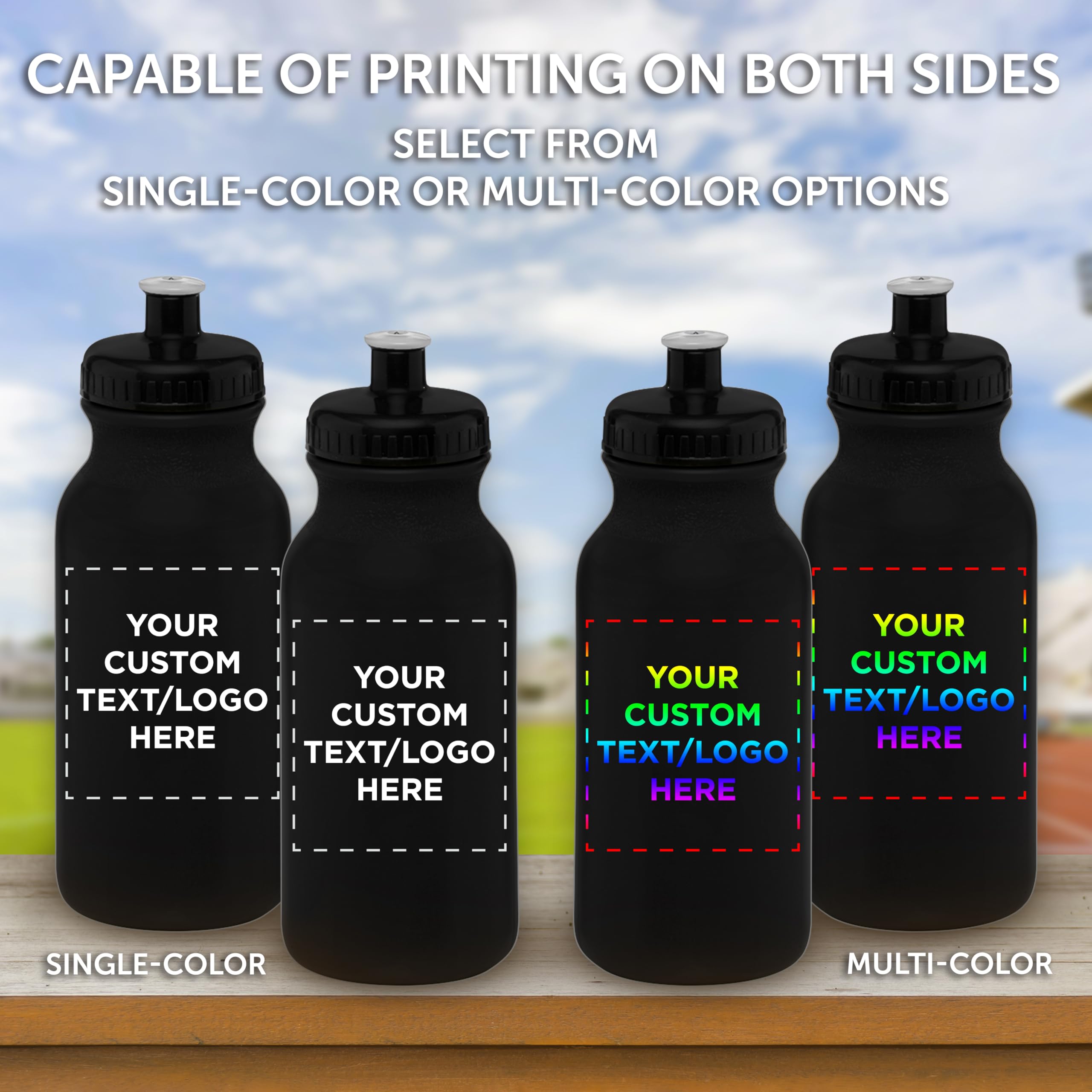 Custom 20 oz. Water Bottles with Push Cap - Bulk Pack of 100 Personalized Sports Bottles - Ideal for Gym, Hiking, Camping & Outdoor Activities - Great for Team Events, Corporate Gifts & School Promotions - Black