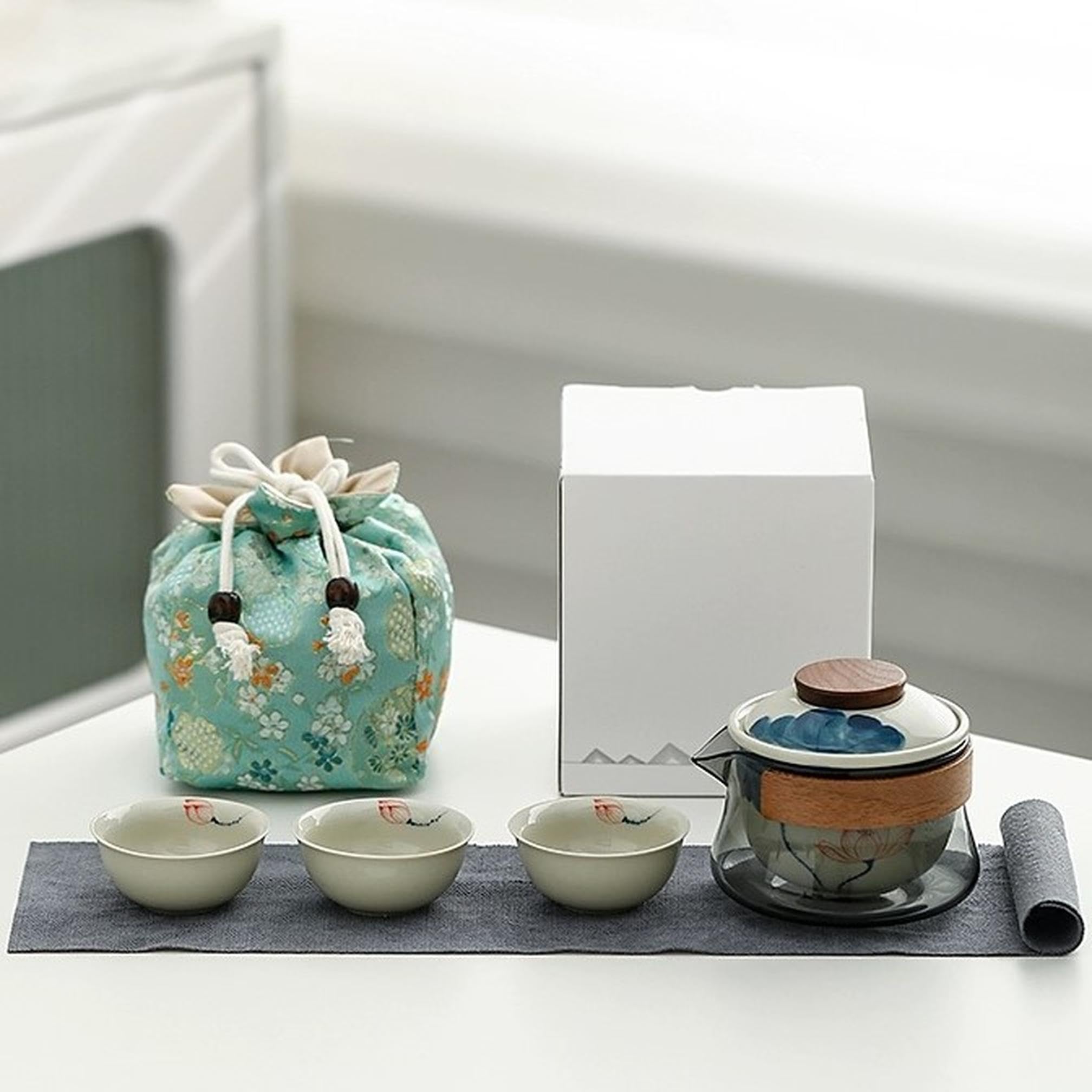 Floral-Themed Portable Tea Set - 1 Ceramic Teapot & 3 Mini Cups - Perfect Tea Gift for Tea Lovers (Lotus Design) - Ideal for Travel, Picnics & Home Tea Ceremonies