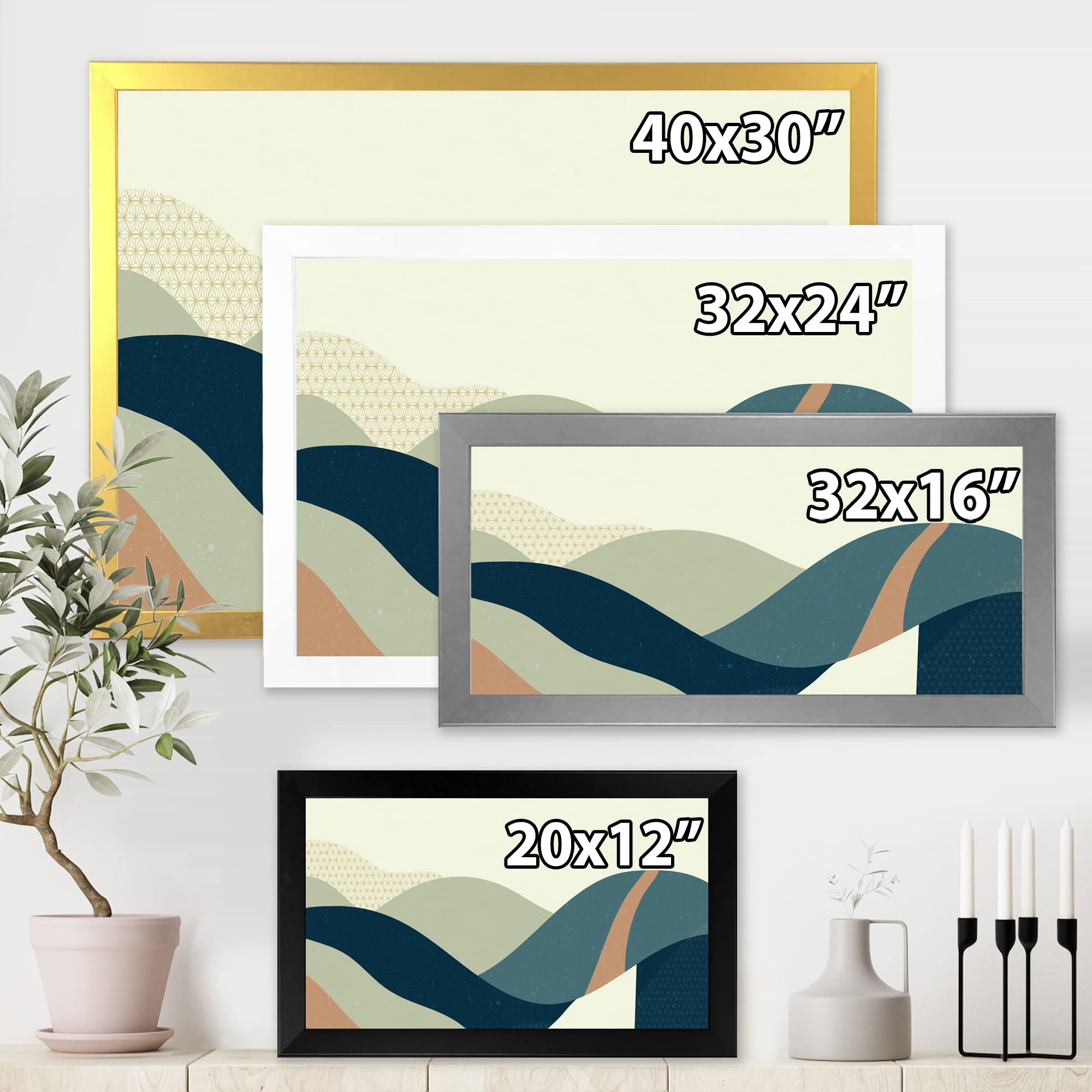 Abstract Geometric Landscape Wall Art with Hills - Modern Framed Canvas Print for Living Room, Bedroom & Office Decor