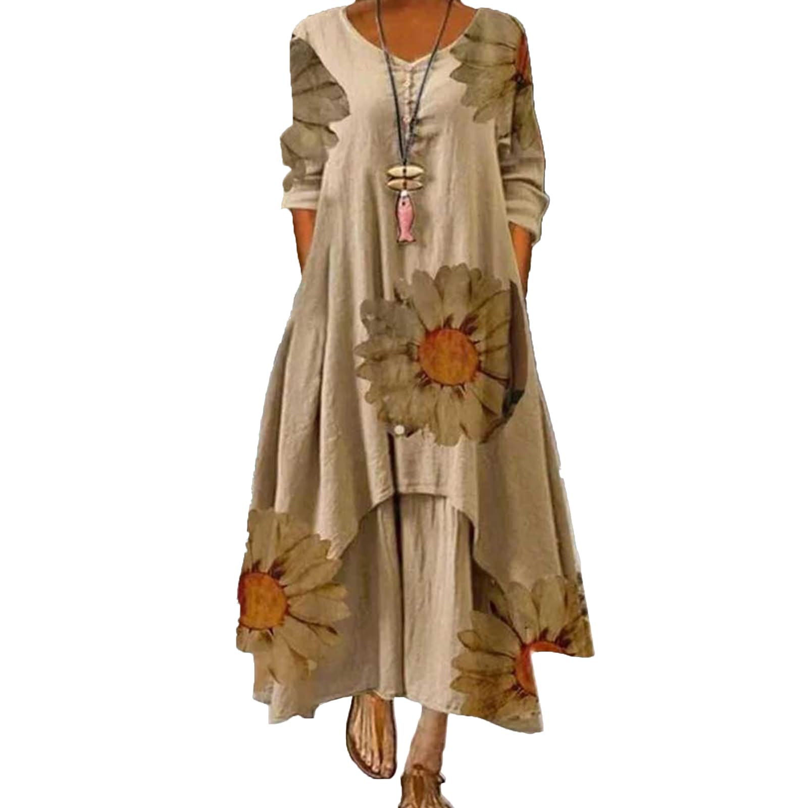 Boho Linen Long Sleeve Maxi Dress with Irregular Hem & Floral Print - Flowy Summer Dress for Women | Perfect for Beach Vacations, Music Festivals & Boho Chic Outfits