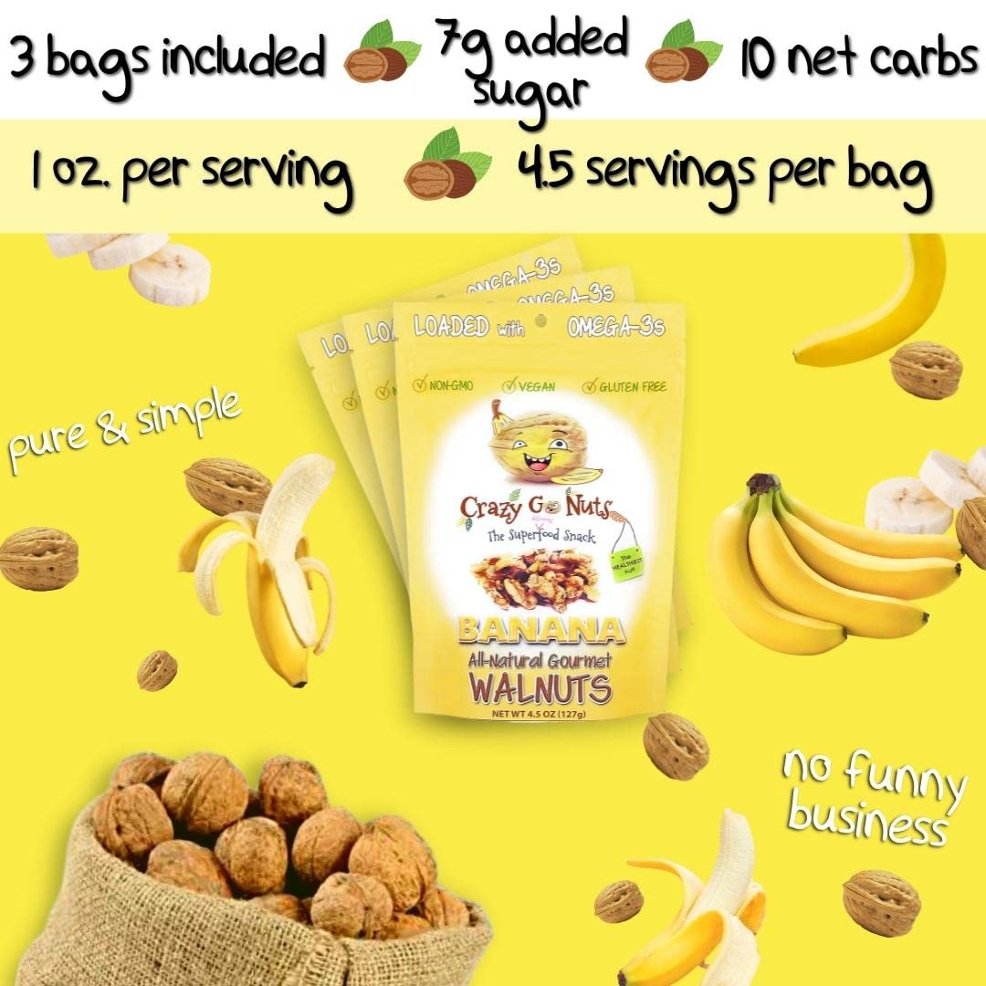 Crazy Go Nuts Banana Flavored Walnuts - 4.5 oz (3-Pack) | Healthy Vegan Snacks, Gluten Free Superfood | Non-GMO, Rich in Omega 3, ALA & Antioxidants | Perfect for On-the-Go, Office & Post-Workout Nutrition