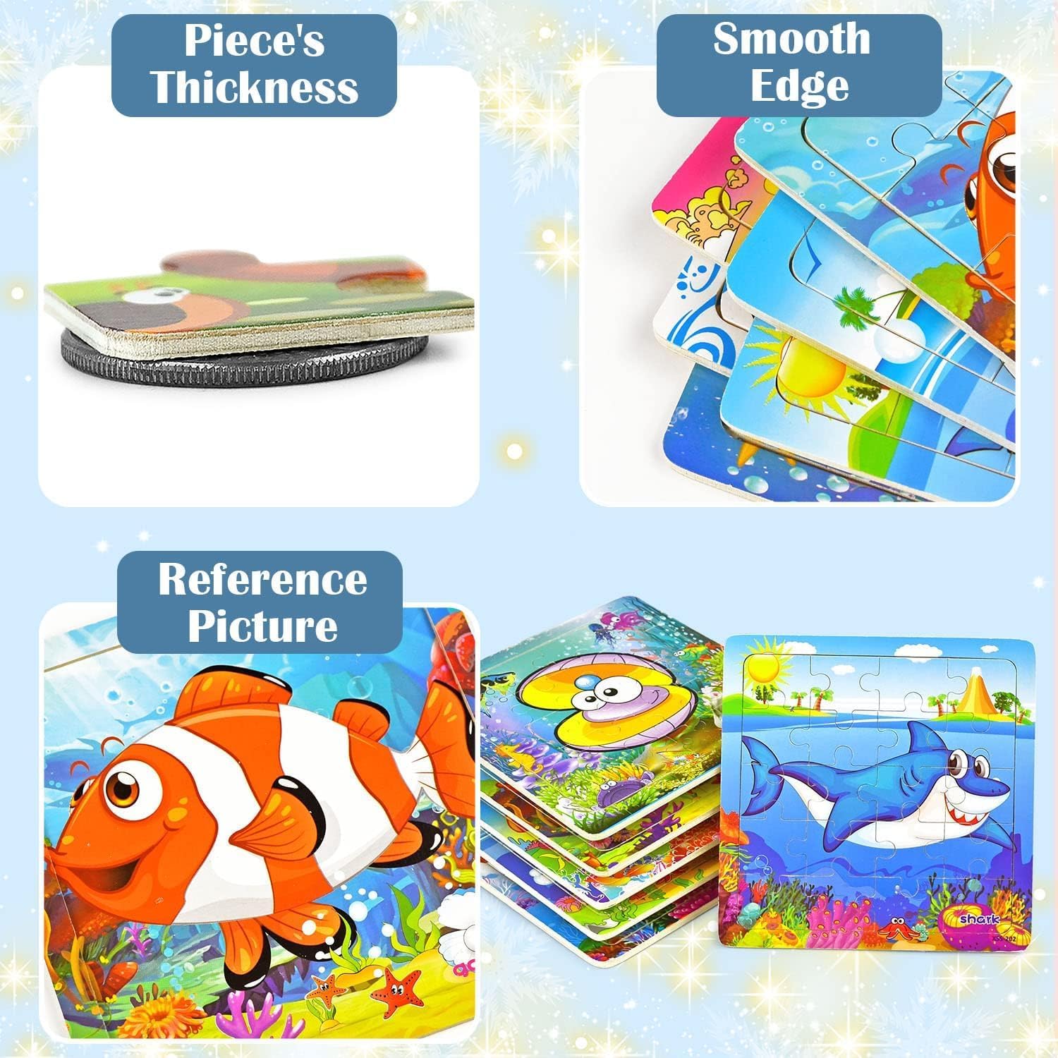 12 Pack Wooden Jigsaw Puzzles for Kids Ages 4-8 - Sea Animals Theme with Organza Bags - 20 Pieces Each - Perfect Birthday Party Favors, Classroom Rewards & Educational Toys for Boys and Girls