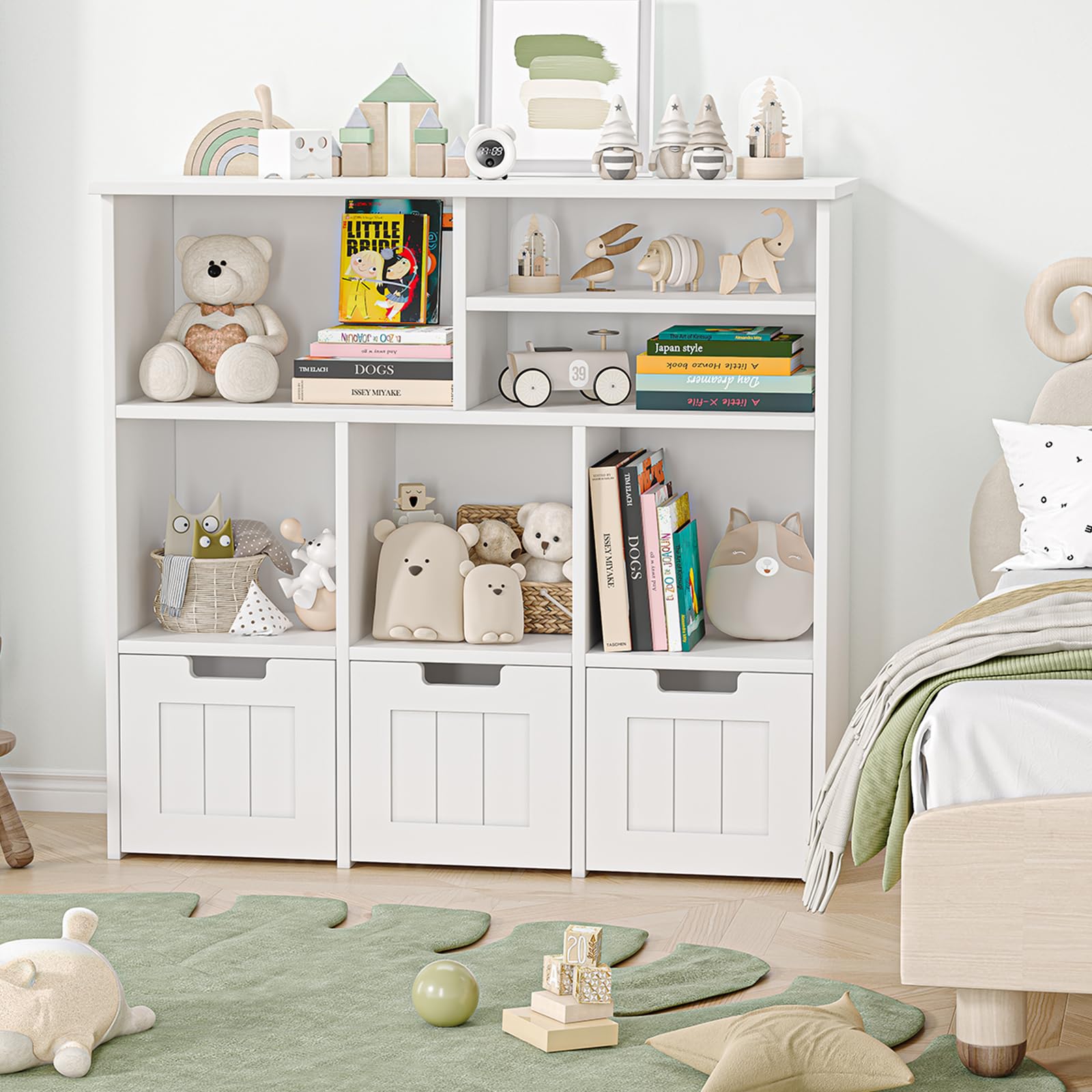 3-Tier Kids Toy Storage Cabinet with 6 Cubby & 3 Drawers - White Children's Bookcase Organizer with Hidden Wheels for Playroom, Bedroom, Nursery - Sturdy Floor Shelf for Toys, Books & School Supplies (Easy Assembly, Space-Saving Design)