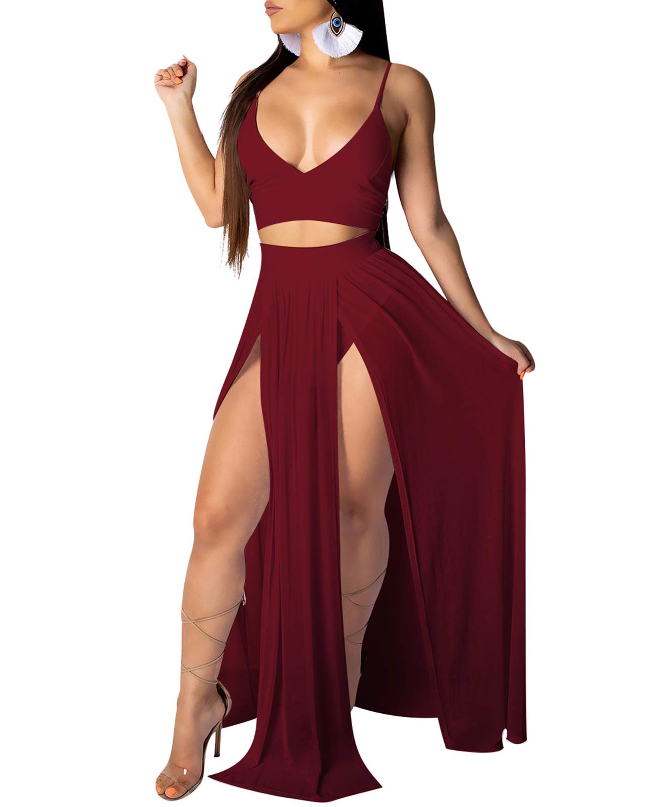 Sexy Women's 2 Piece Maxi Chiffon Dress Set with Crop Top & Skirt - Summer Beach Cover Up, Boho Outfit for Vacation, Pool Party & Date Night