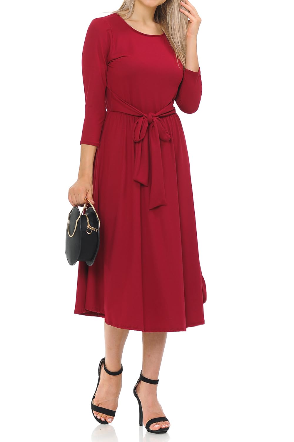 Iconic Luxe Women's A-Line Midi Dress with Waist Tie - Elegant Formal & Casual Wear for Office, Party & Special Occasions