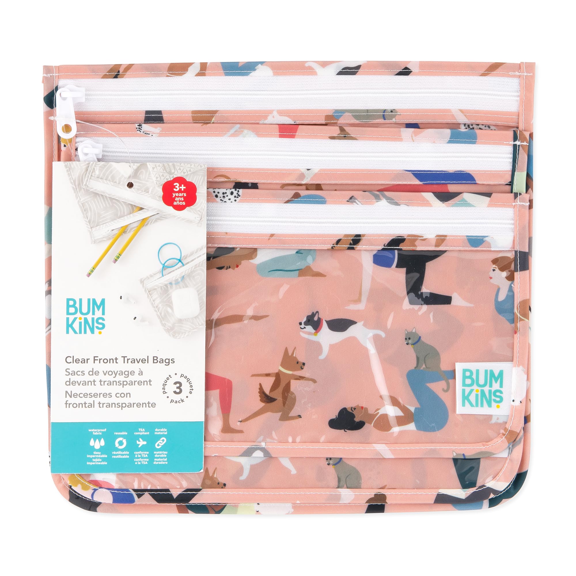 Bumkins 3-Piece TSA Approved Travel Toiletry Bag Set - Clear Quart Size Zip Pouch for Airplane Carry On, Baby Diaper & Makeup Organization | Perfect for Yoga, Gym & Family Trips