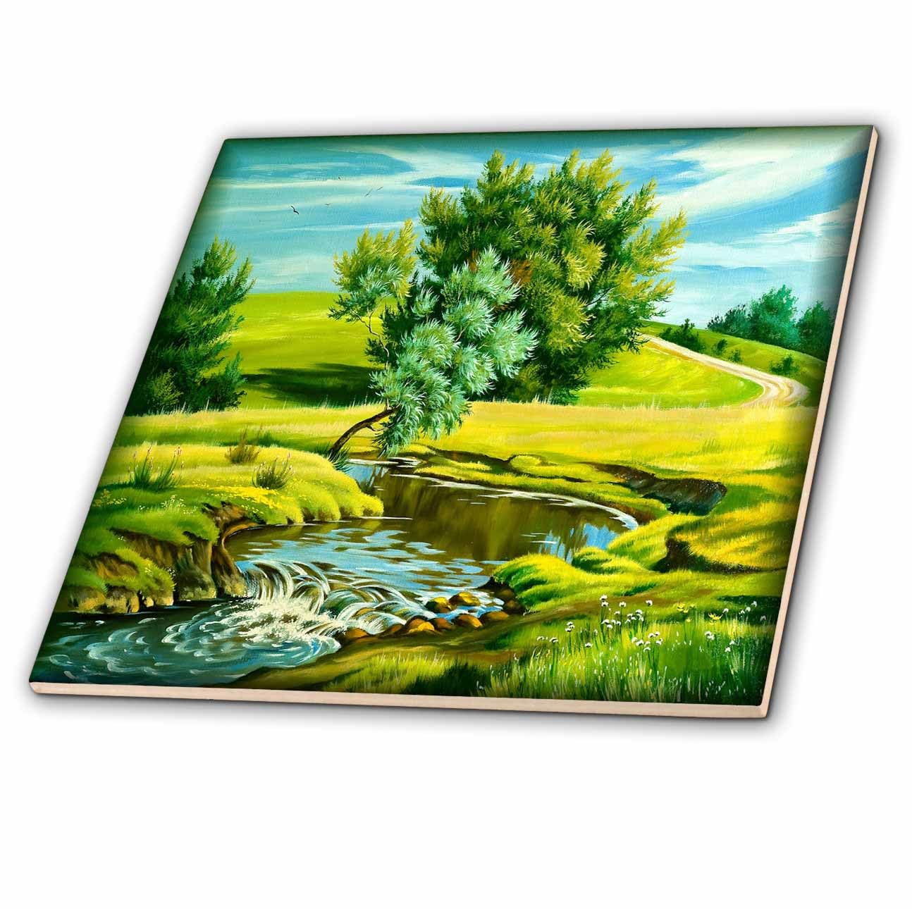 3D Rose Painted Summer Landscape Ceramic Tile - Colorful Handmade Wall Art for Kitchen Backsplash, Bathroom Decor & Outdoor Patio