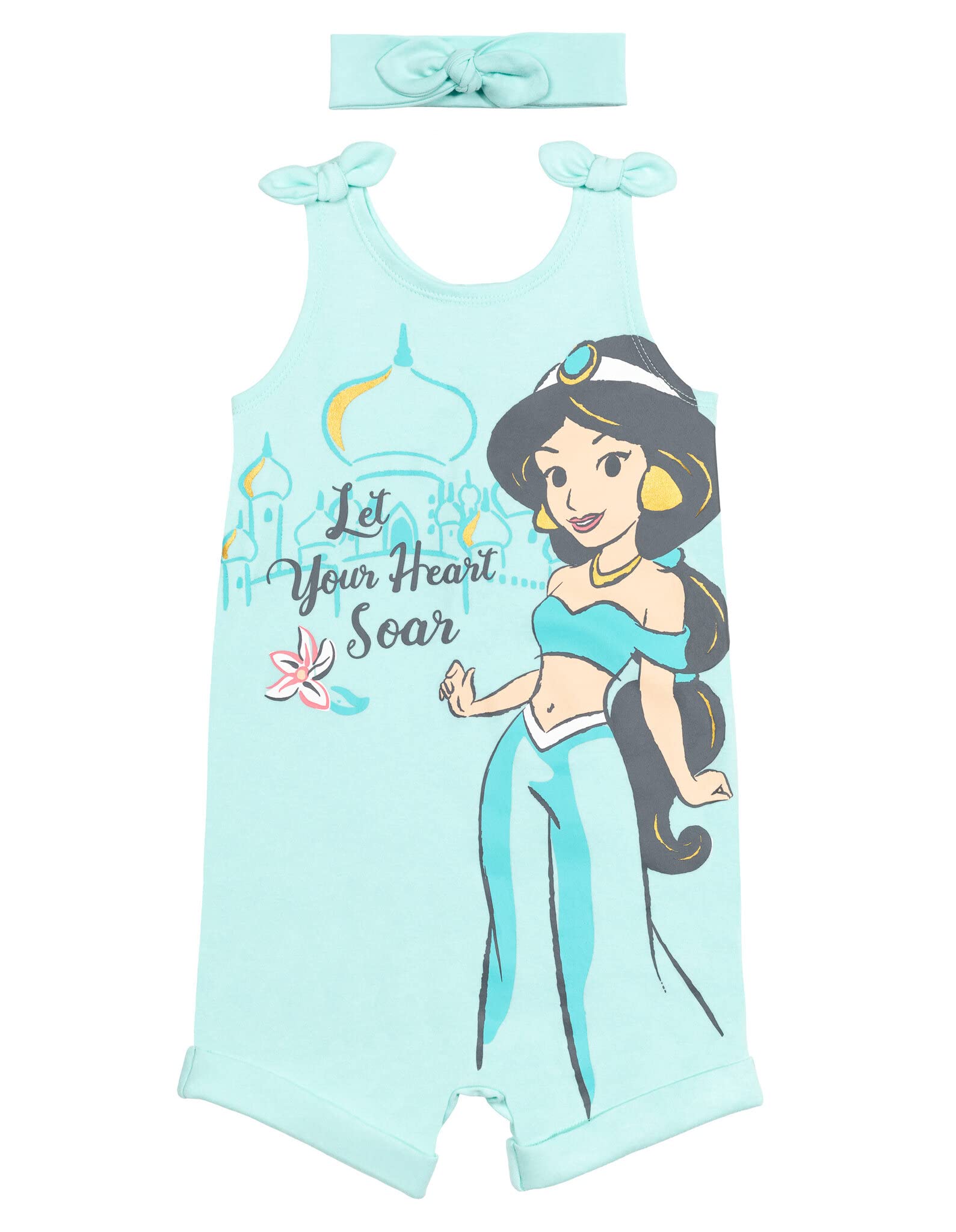 Disney Princess Rapunzel Ariel Belle Jasmine Aurora Baby Girls Snap Romper and Headband Set - Newborn to Toddler Outfit for Birthday, Photo Shoots & Special Occasions