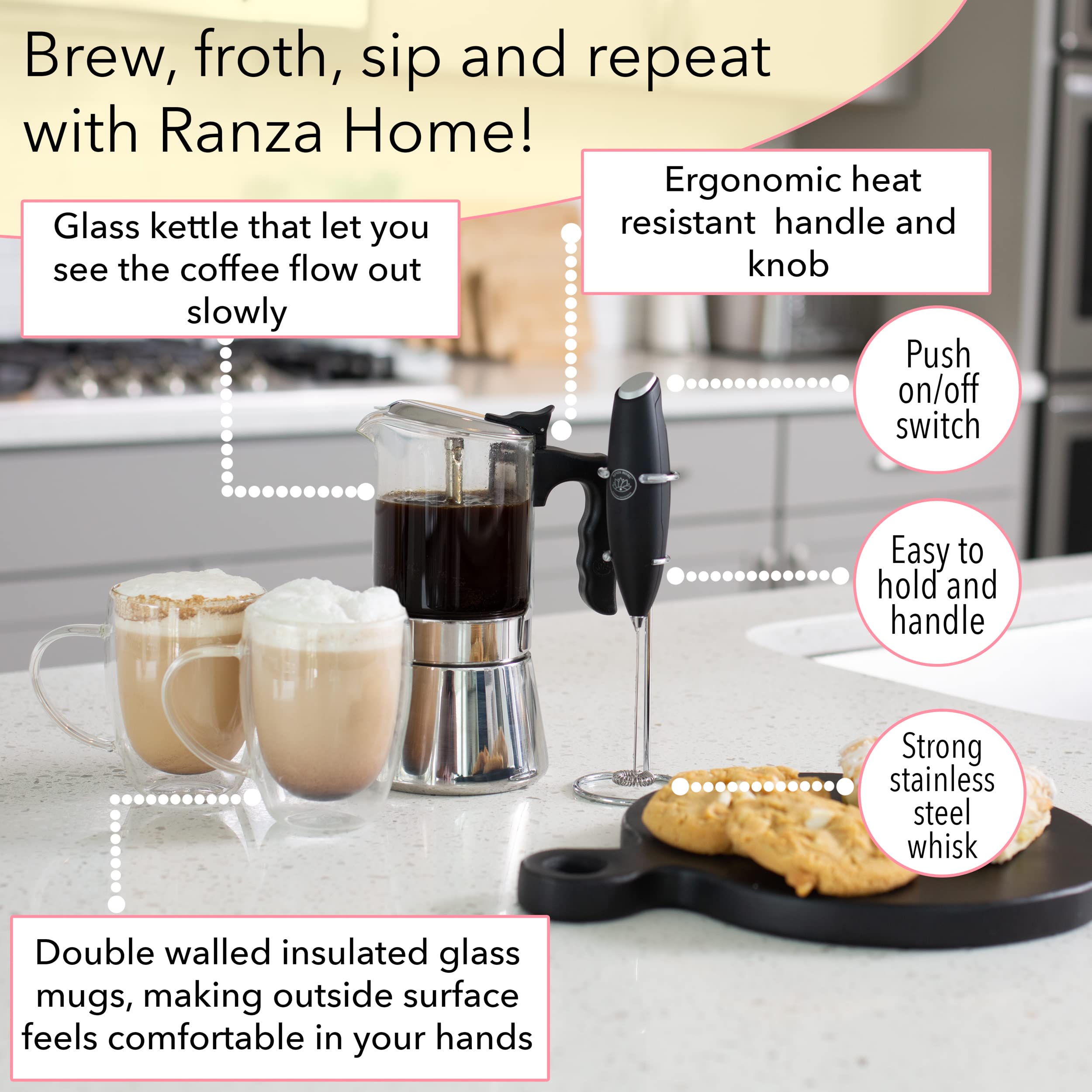 Stovetop Espresso Maker Set - 9 Cup Moka Pot, 2x 12oz Glass Coffee Mugs & Milk Frother - Italian Coffee Maker for Cuban, Greek & Espresso - Perfect for Home, Office & Camping Brewing
