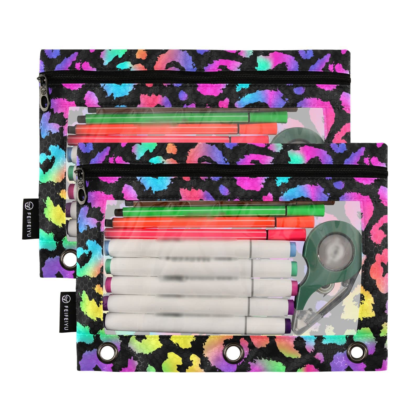 ALAZA Rainbow Leopard Print 3-Ring Binder Pencil Pouch with Clear Window - 2 Pack Zippered Pencil Case & Cosmetic Organizer for School, College, Office Supplies | Perfect for Back-to-School, Work Essentials & Makeup Storage