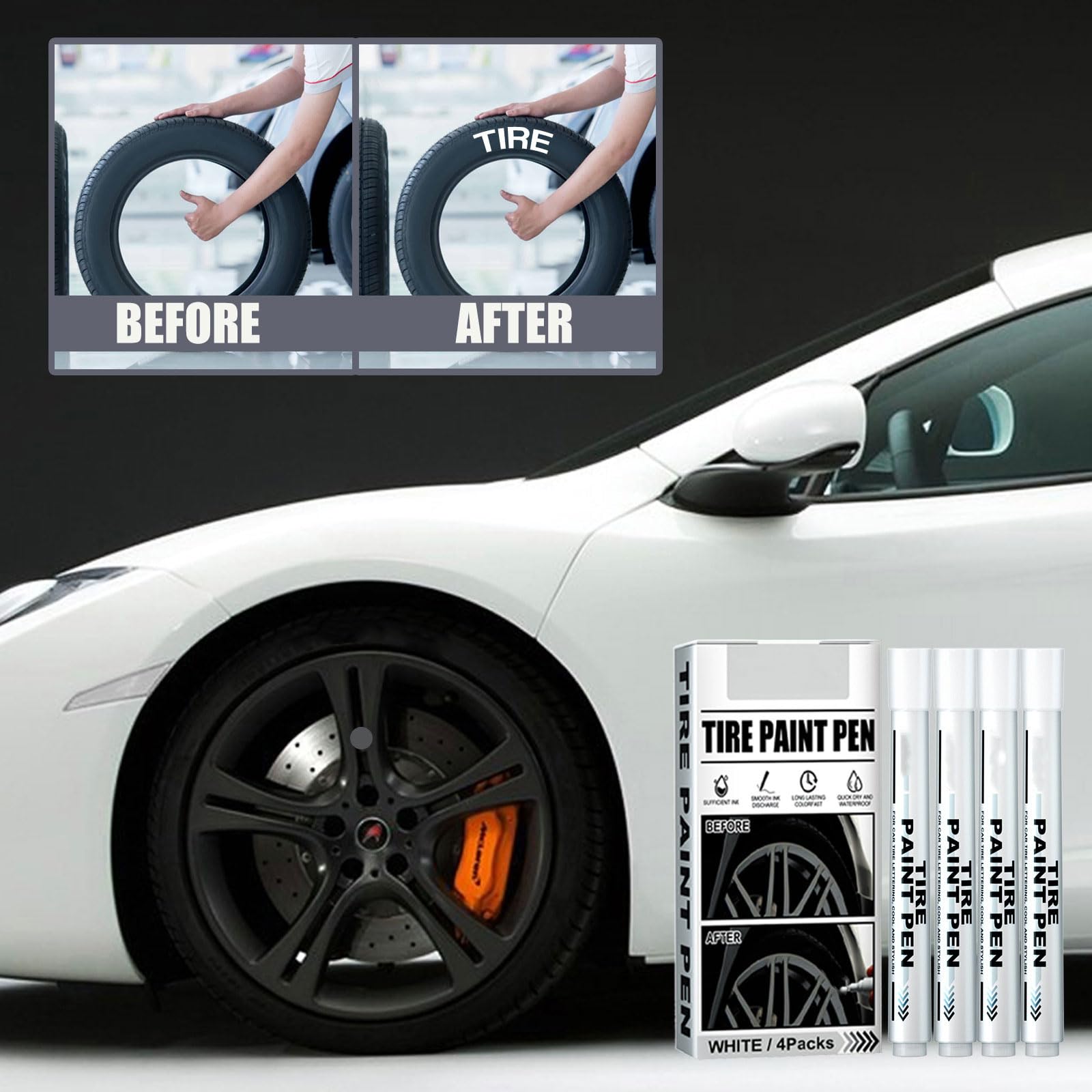 4Pcs White Waterproof Tire Paint Pens for Car Wheels - Durable Tire Lettering Marker for DIY Customization, Auto Detailing & Touch-Ups