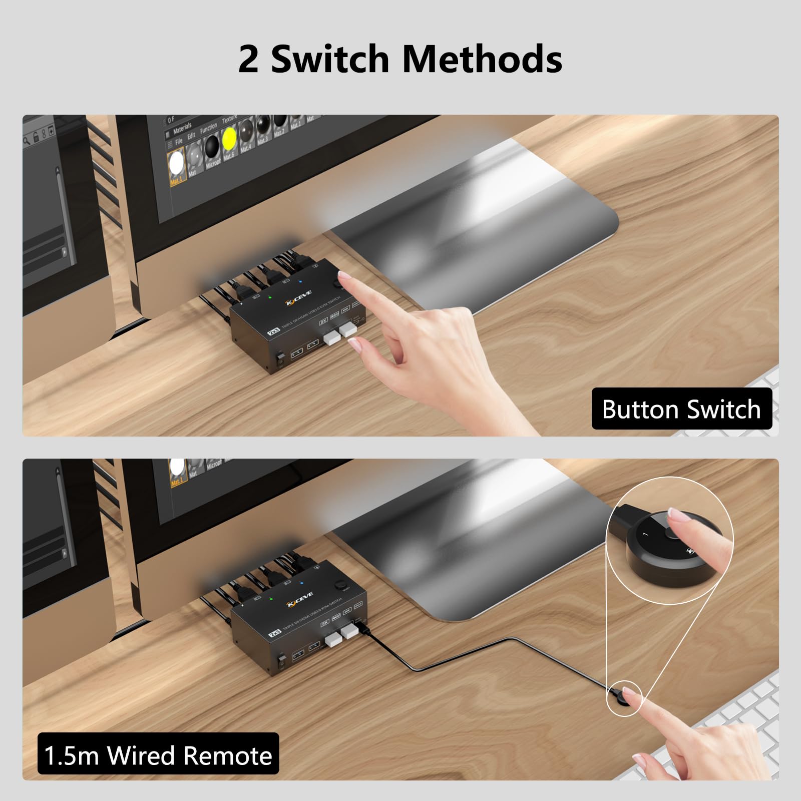 YOUTINGHDAV 3 Monitor KVM Switch for 2 Computers - 8K@60Hz 4K@144Hz Triple Display HDMI+DP+DP Switcher with USB 3.0 Hub - Share Keyboard Mouse & 3 Screens Between PCs (Includes Cables) - Ideal for Home Office, Gaming Setup, Multi-Tasking Workstations, Video Editing & Stock Trading Stations