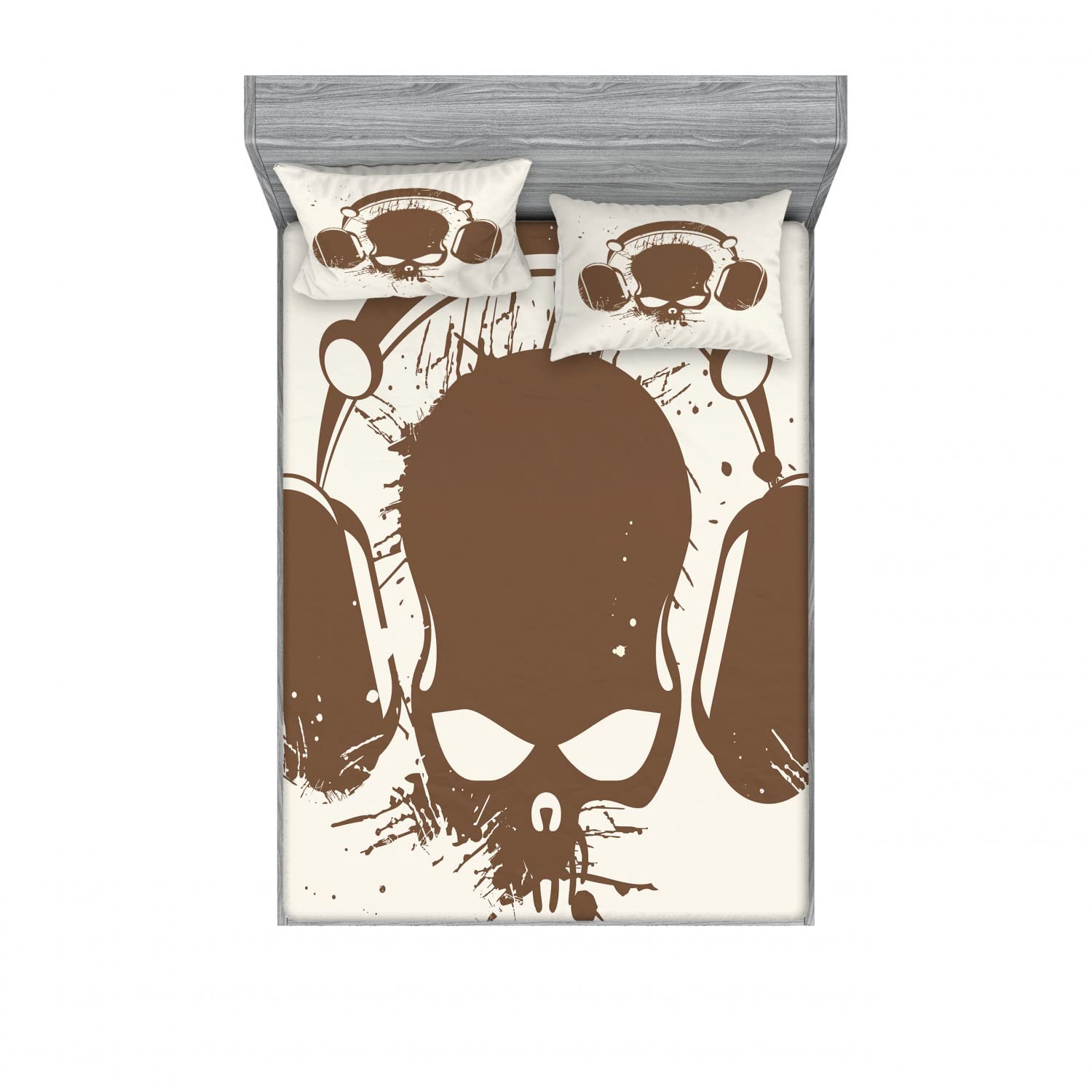 Ambesonne 2-Piece Queen Size Fitted Sheet & 4-Piece Pillow Sham Set - DJ Grunge Retro Skull Design in Pale Caramel Cream | Vintage Music Themed Bedding Collection | Perfect for Teen Bedrooms, Music Lover Gifts & Bohemian Home Decor