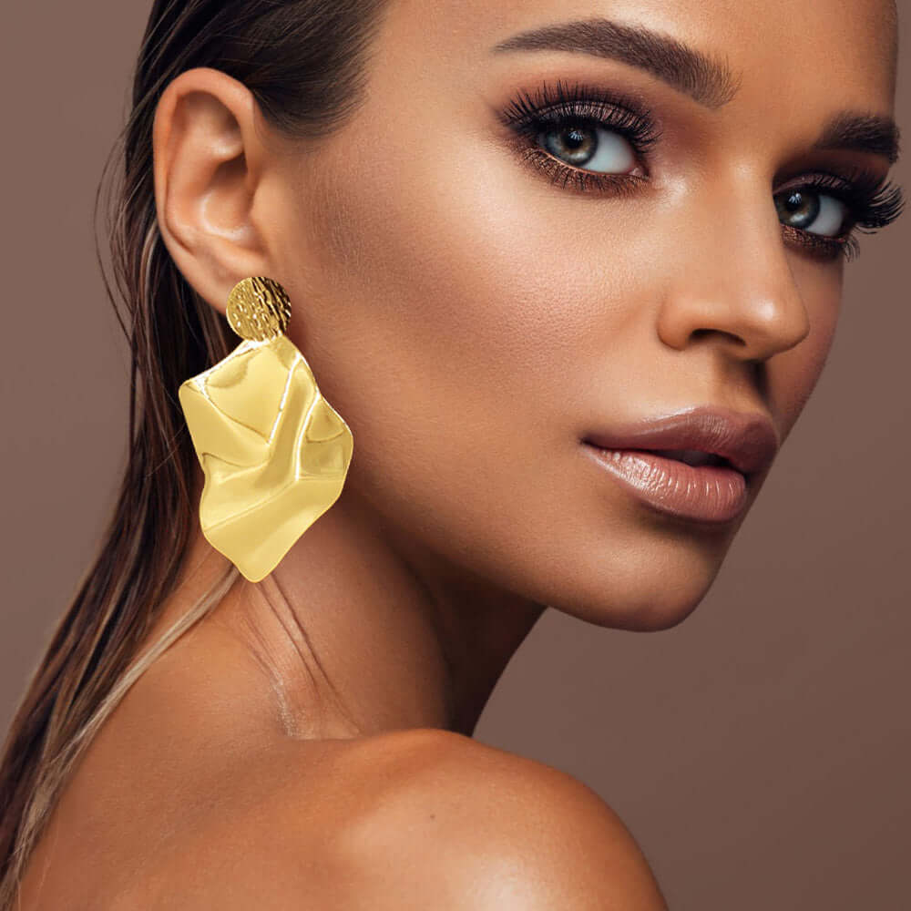 Gold Oversized Textured Metal Plate Dangle Earrings - Fashion Statement Jewelry for Women | Perfect for Parties, Weddings & Special Occasions