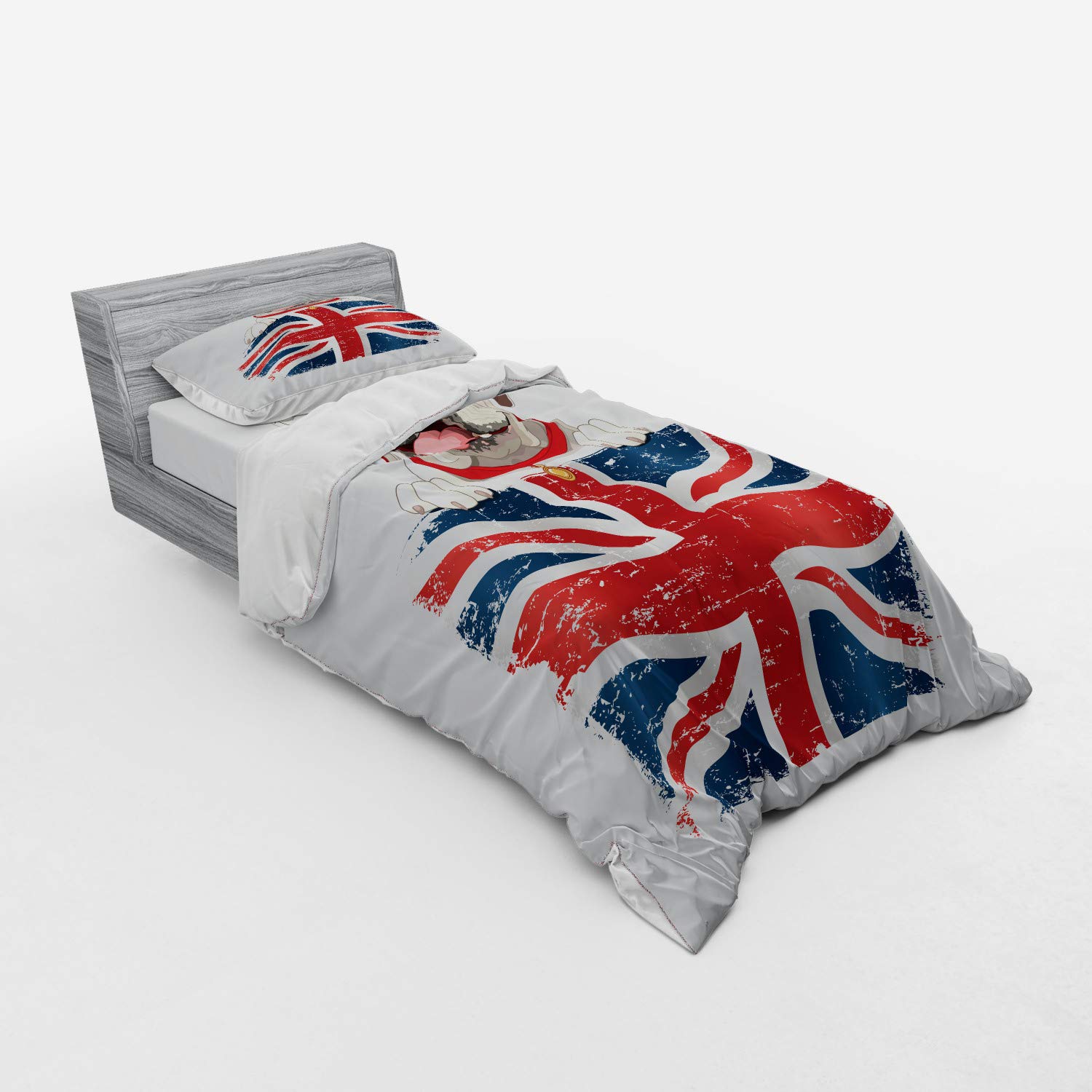 Ambesonne English Bulldog Duvet Cover Set 3-Piece - Happy Pet Bulldog with Union Jack Flag, Twin Size Cream Navy Blue Red Bedding Set with Pillow Sham & Fitted Sheet - Perfect for Kids Room, Dog Lovers Gift, British Themed Bedroom Decor
