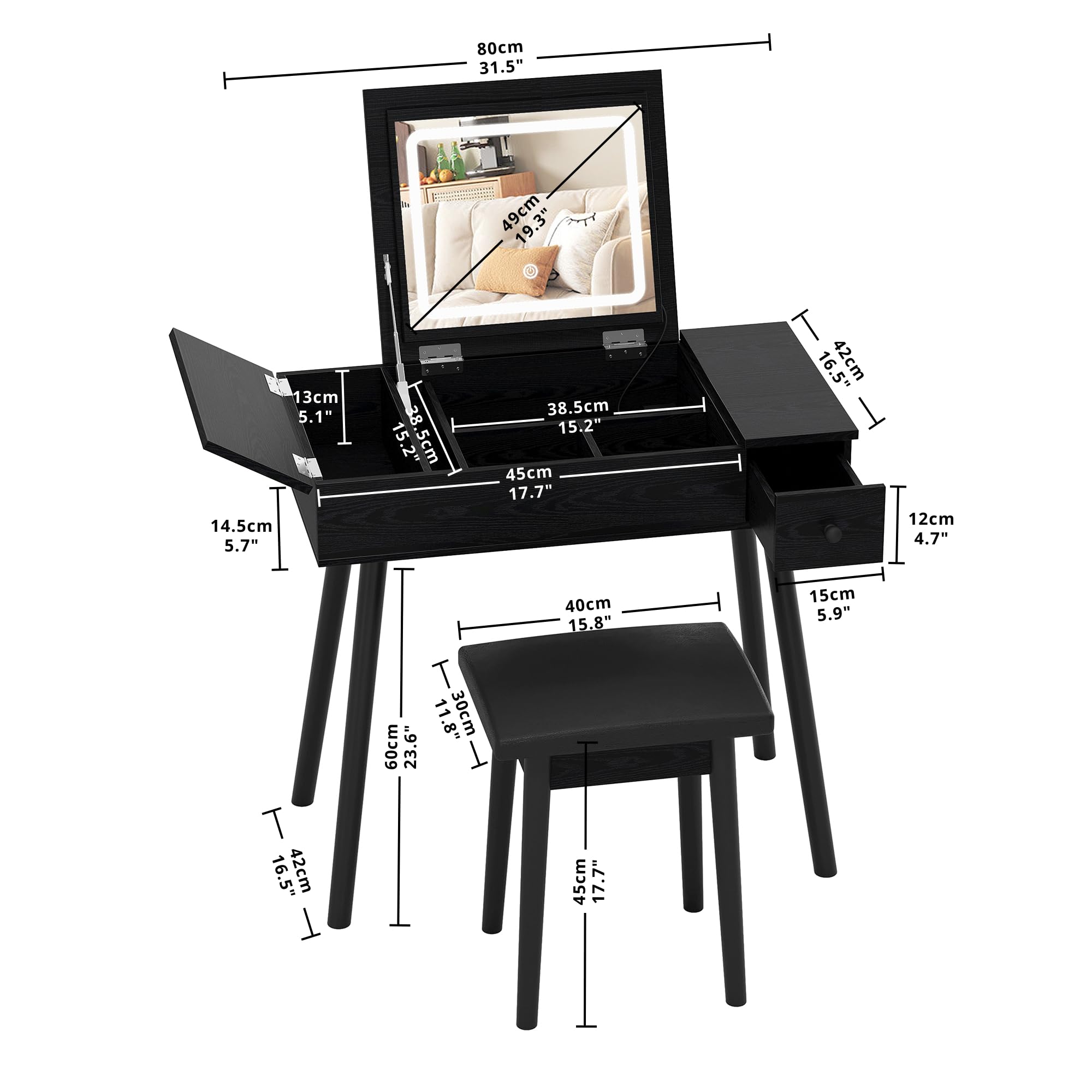IRONCK LED Vanity Desk with Mirror & Outlet - Makeup Table for Bedroom