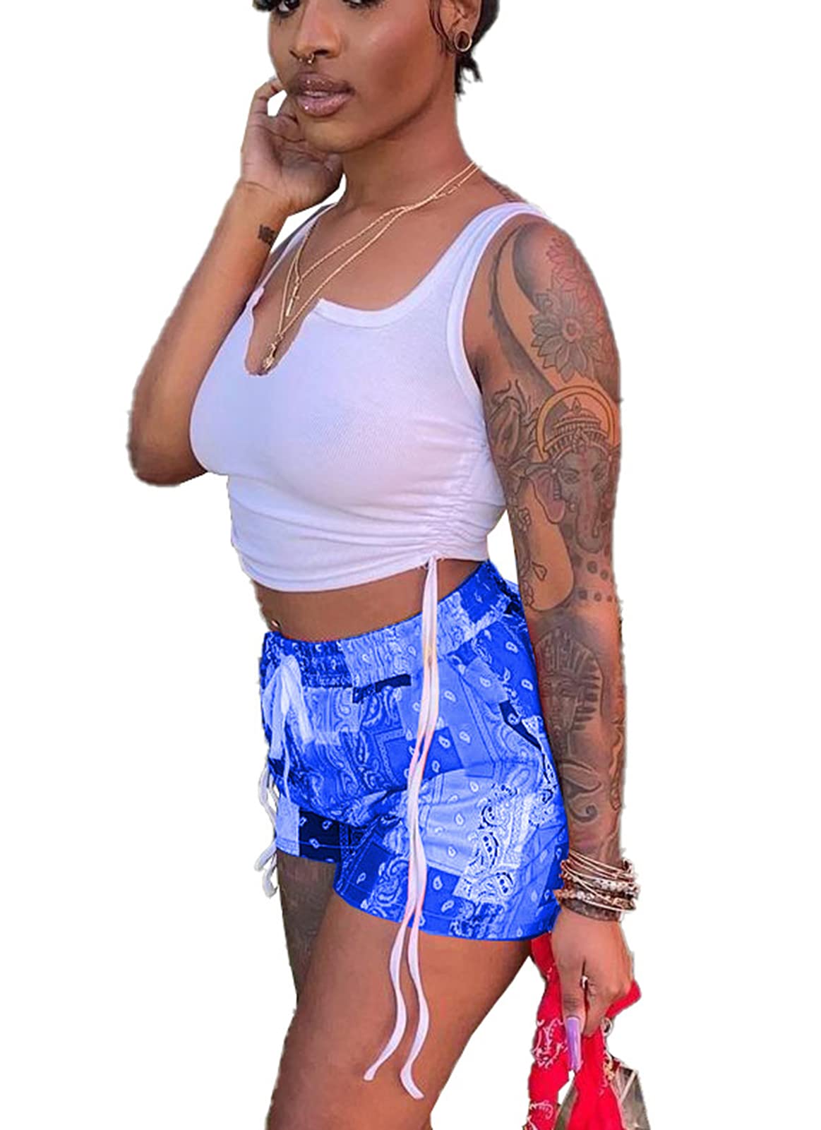 Acelyn Women's Sexy 2-Piece Short Sets - Summer Crop Tank Top & Patchwork Shorts Outfit for Beach, Vacation & Casual Wear